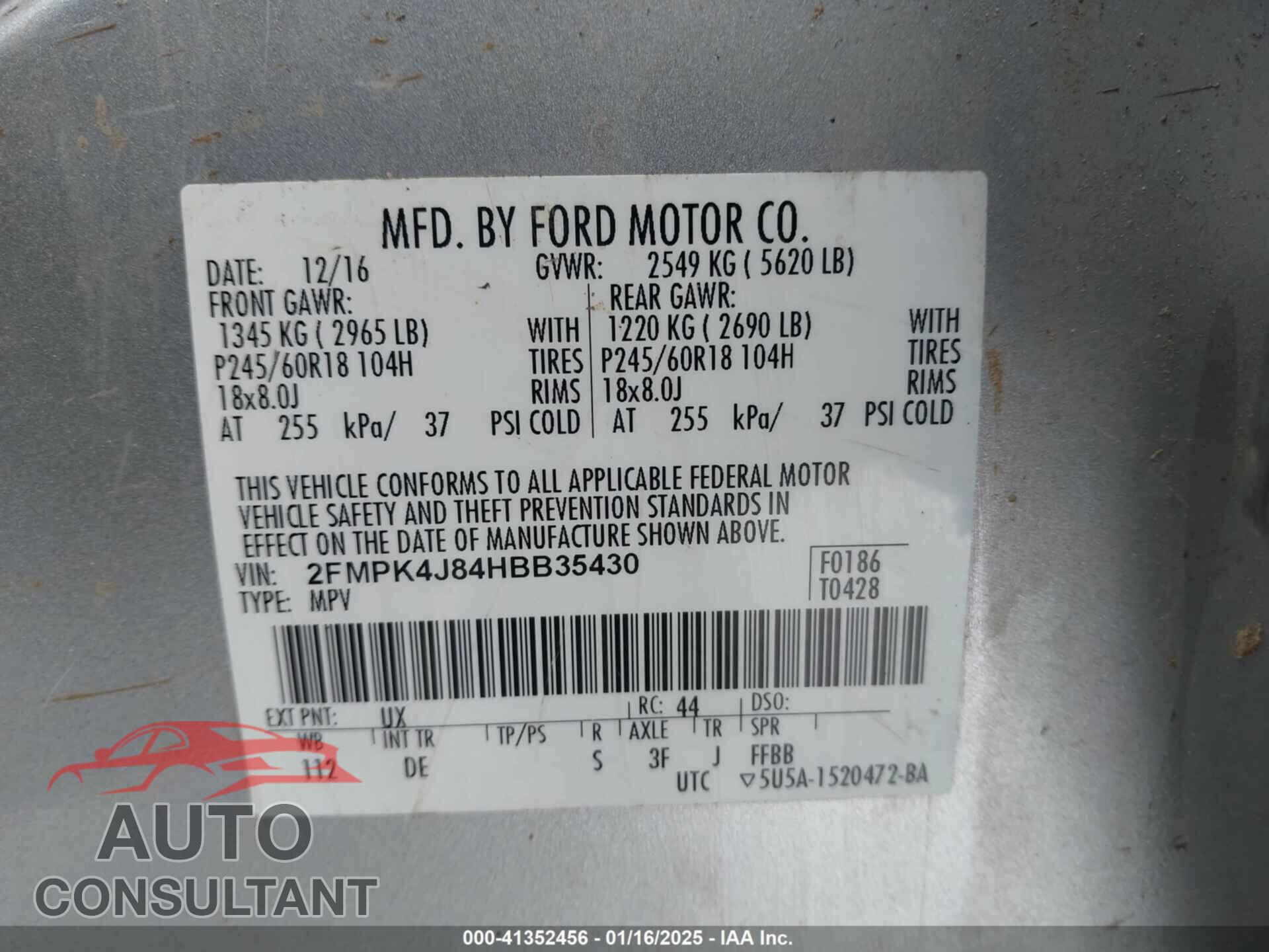 FORD EDGE 2017 - 2FMPK4J84HBB35430