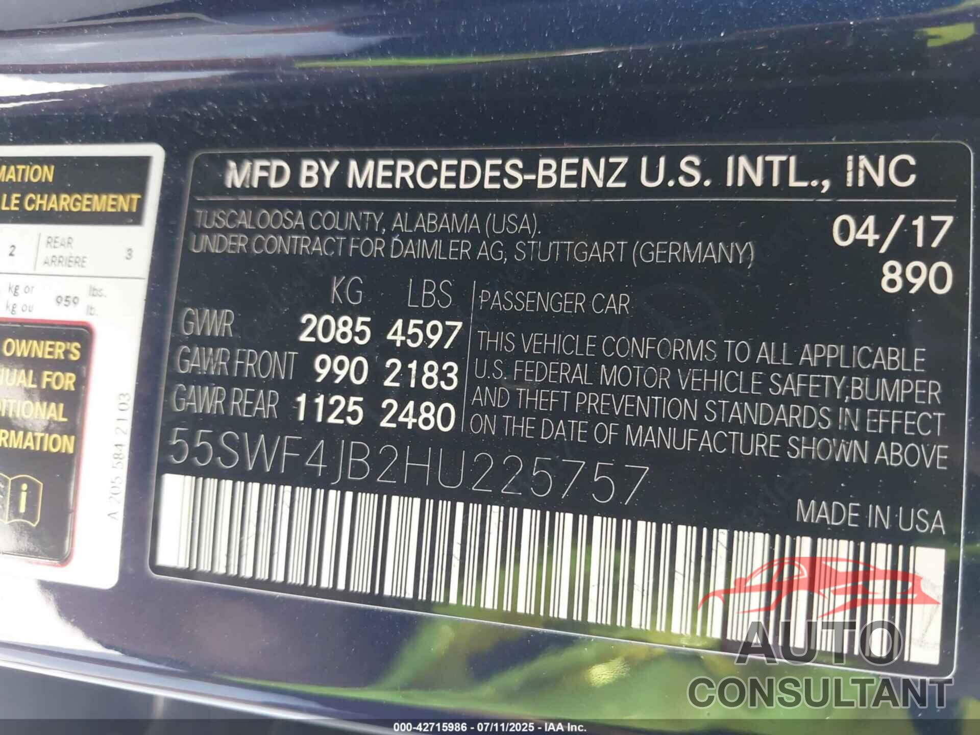 MERCEDES-BENZ C 300 2017 - 55SWF4JB2HU225757
