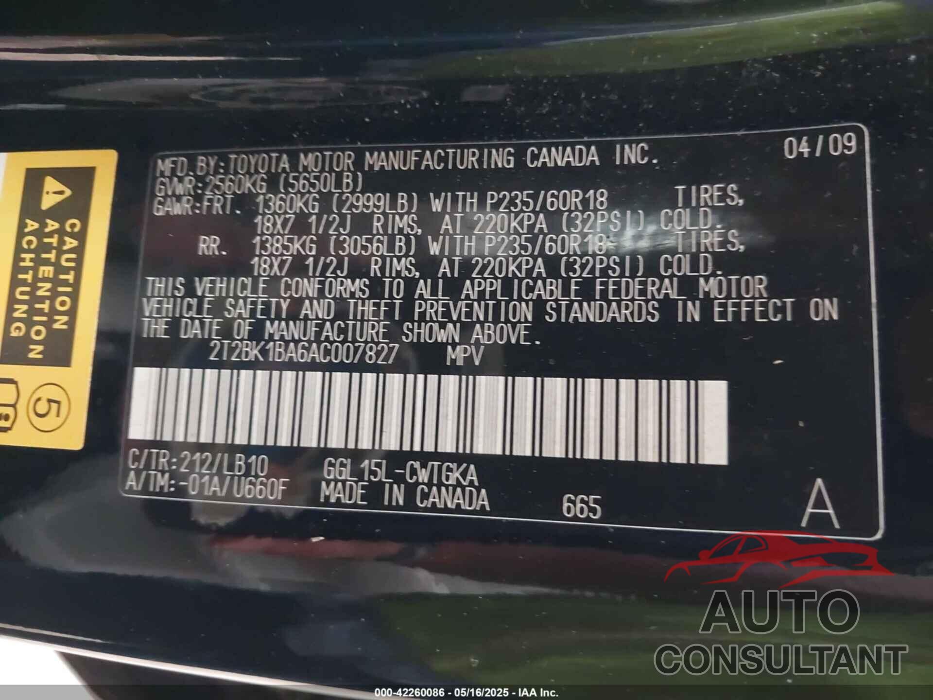 LEXUS RX 350 2010 - 2T2BK1BA6AC007827