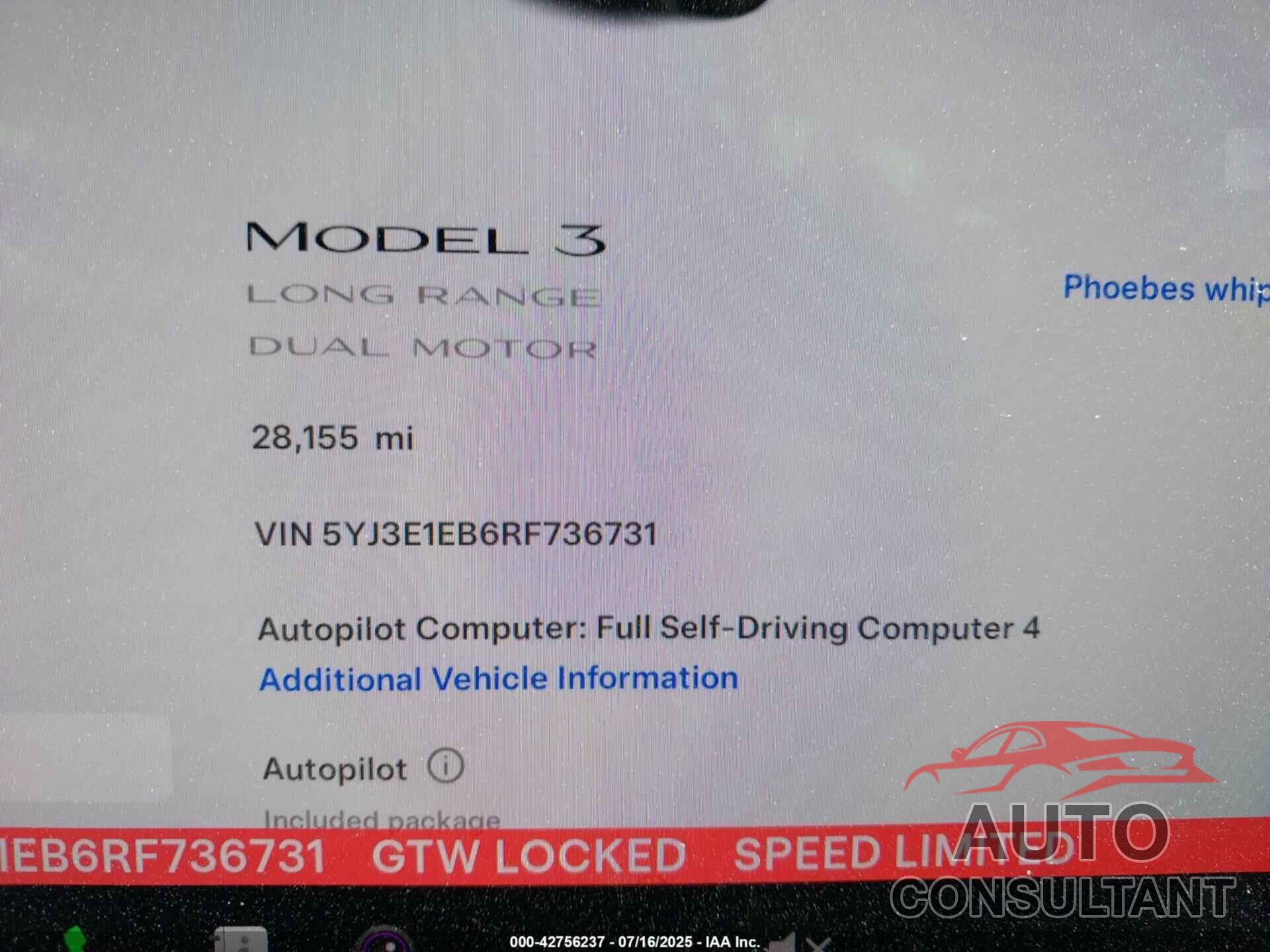 TESLA MODEL 3 2024 - 5YJ3E1EB6RF736731
