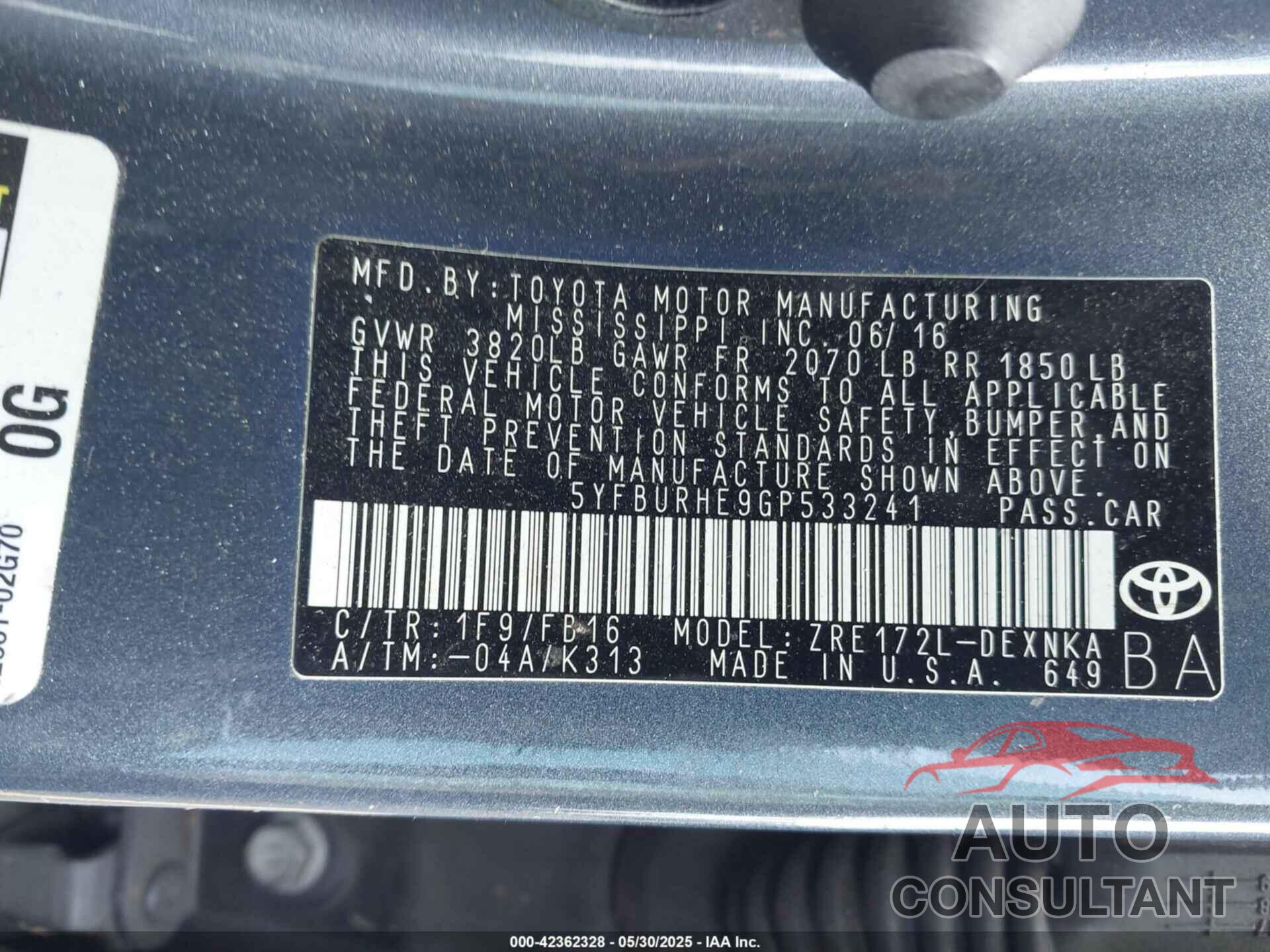 TOYOTA COROLLA 2016 - 5YFBURHE9GP533241