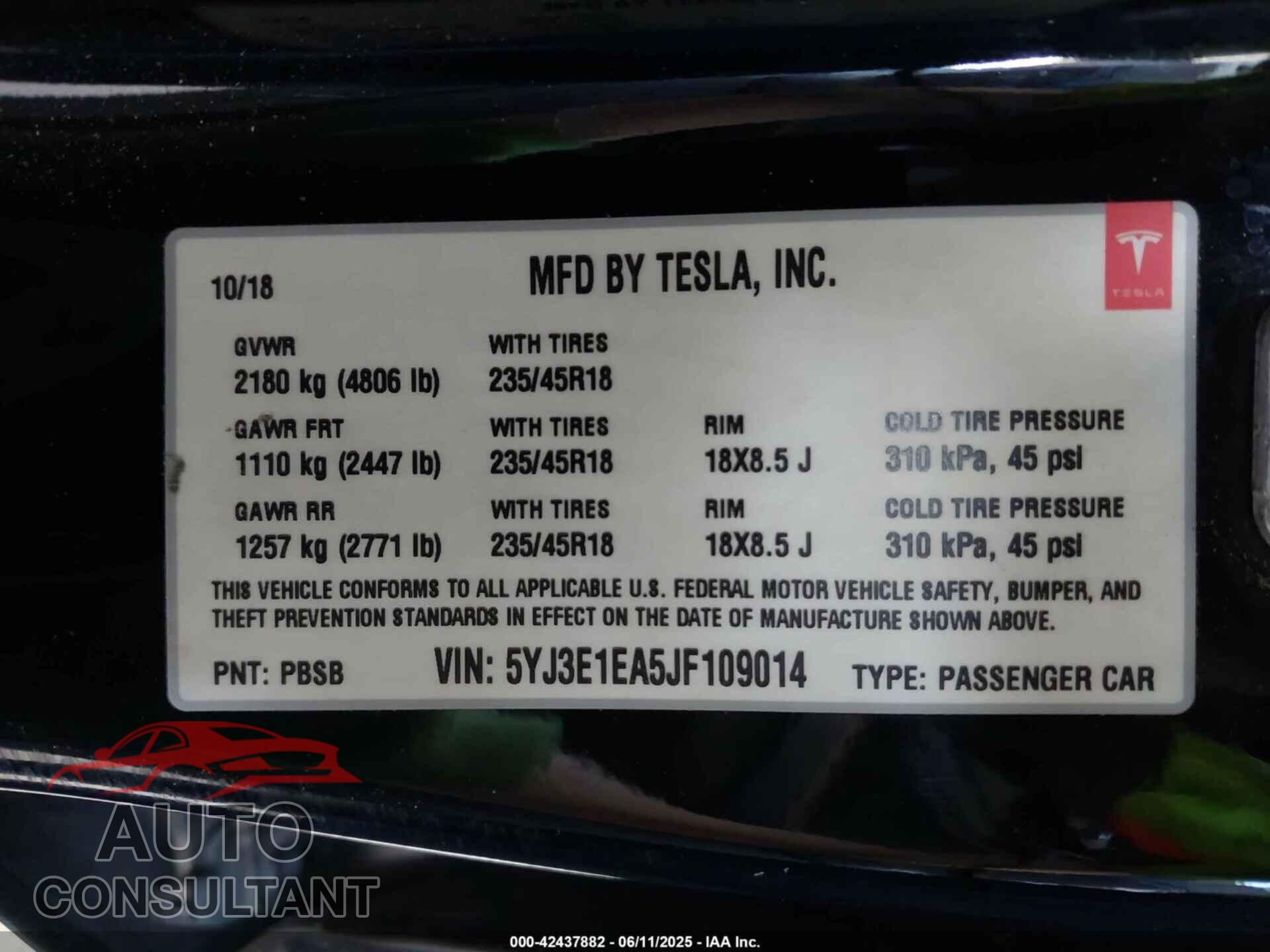 TESLA MODEL 3 2018 - 5YJ3E1EA5JF109014