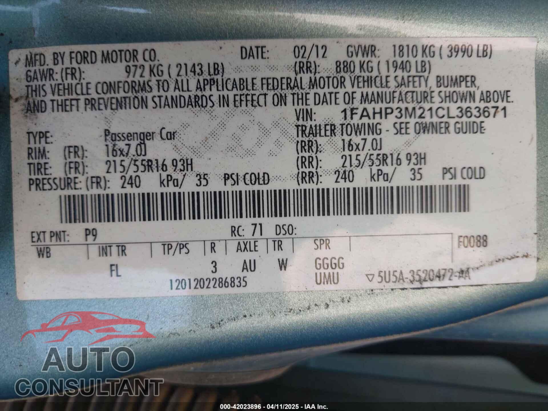 FORD FOCUS 2012 - 1FAHP3M21CL363671