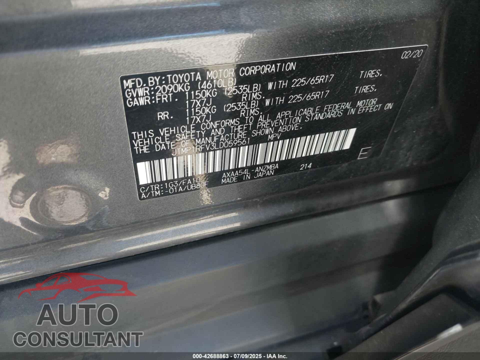 TOYOTA RAV4 2020 - JTMP1RFV3LD059561