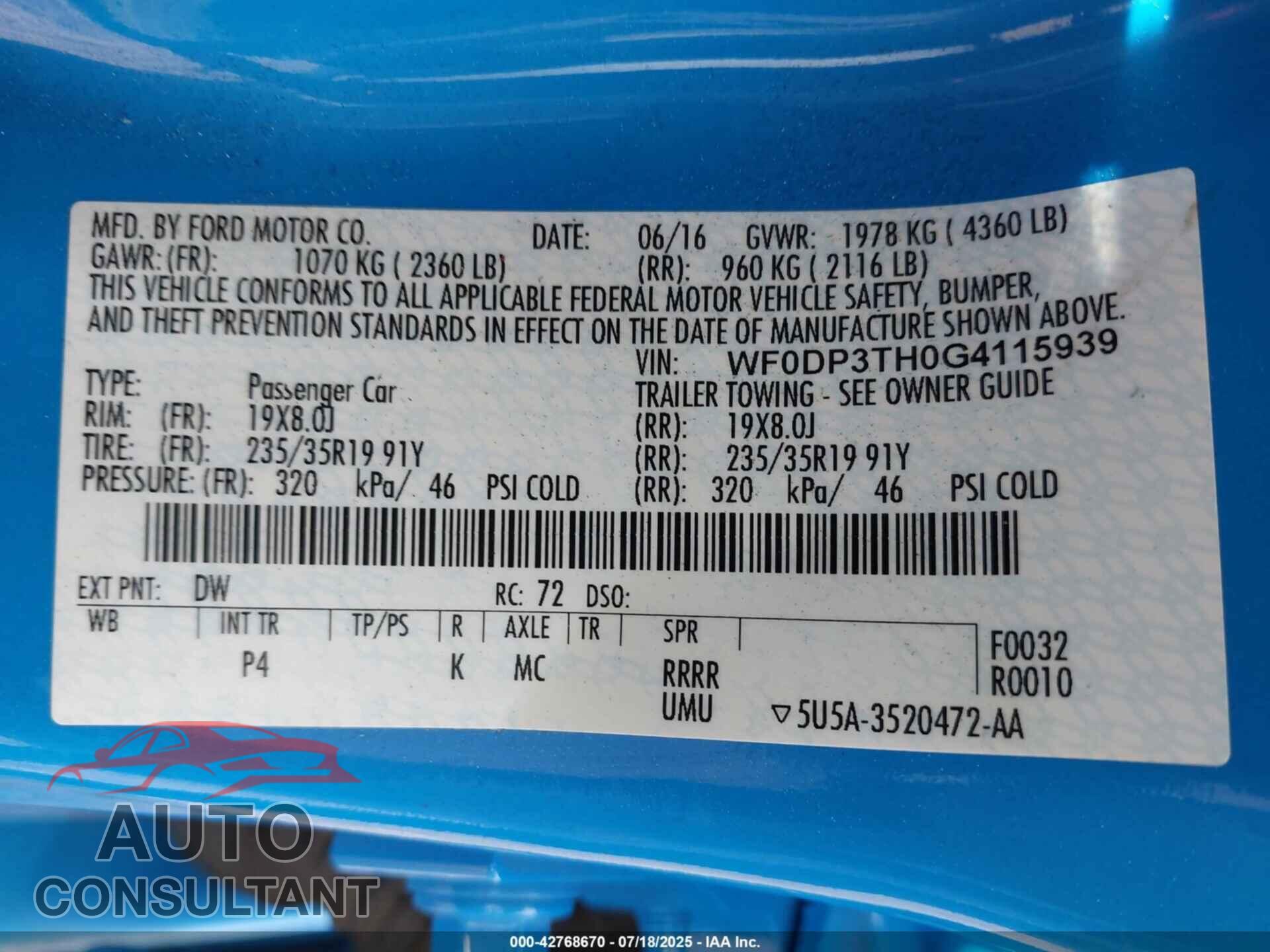 FORD FOCUS 2016 - WF0DP3TH0G4115939