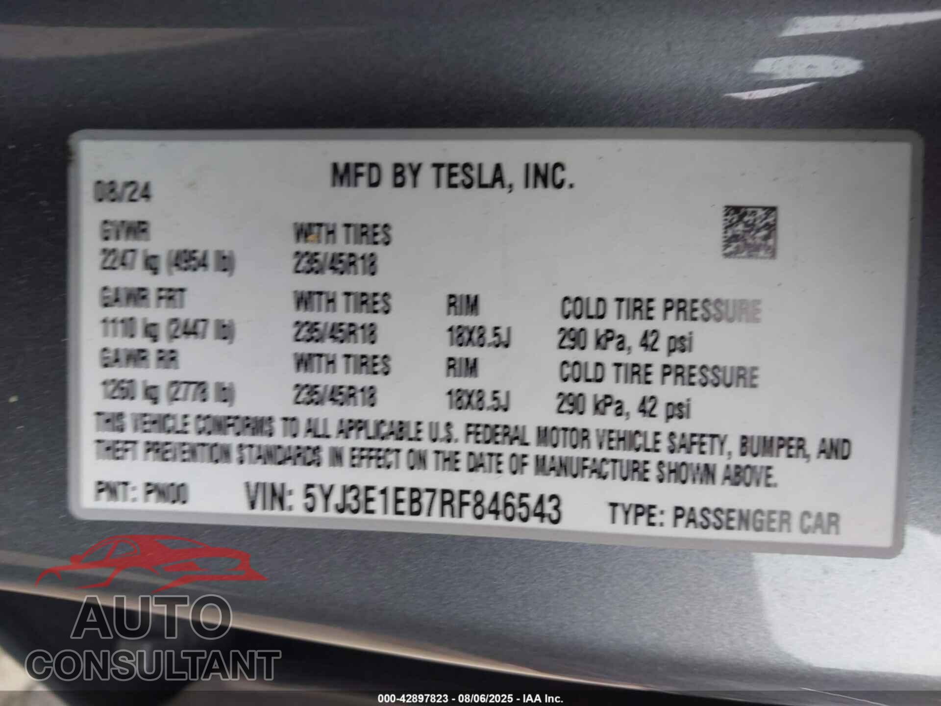 TESLA MODEL 3 2024 - 5YJ3E1EB7RF846543