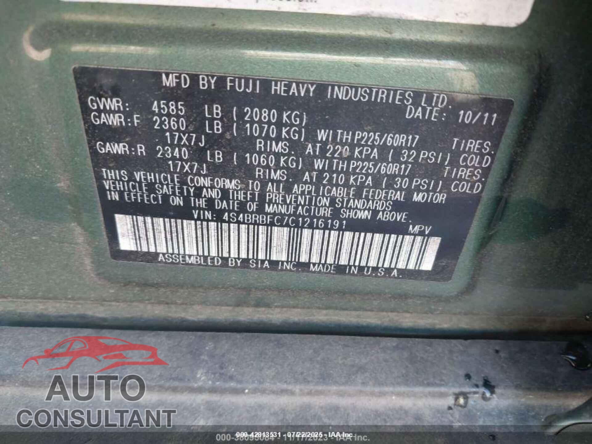 SUBARU OUTBACK 2012 - 4S4BRBFC7C1216191