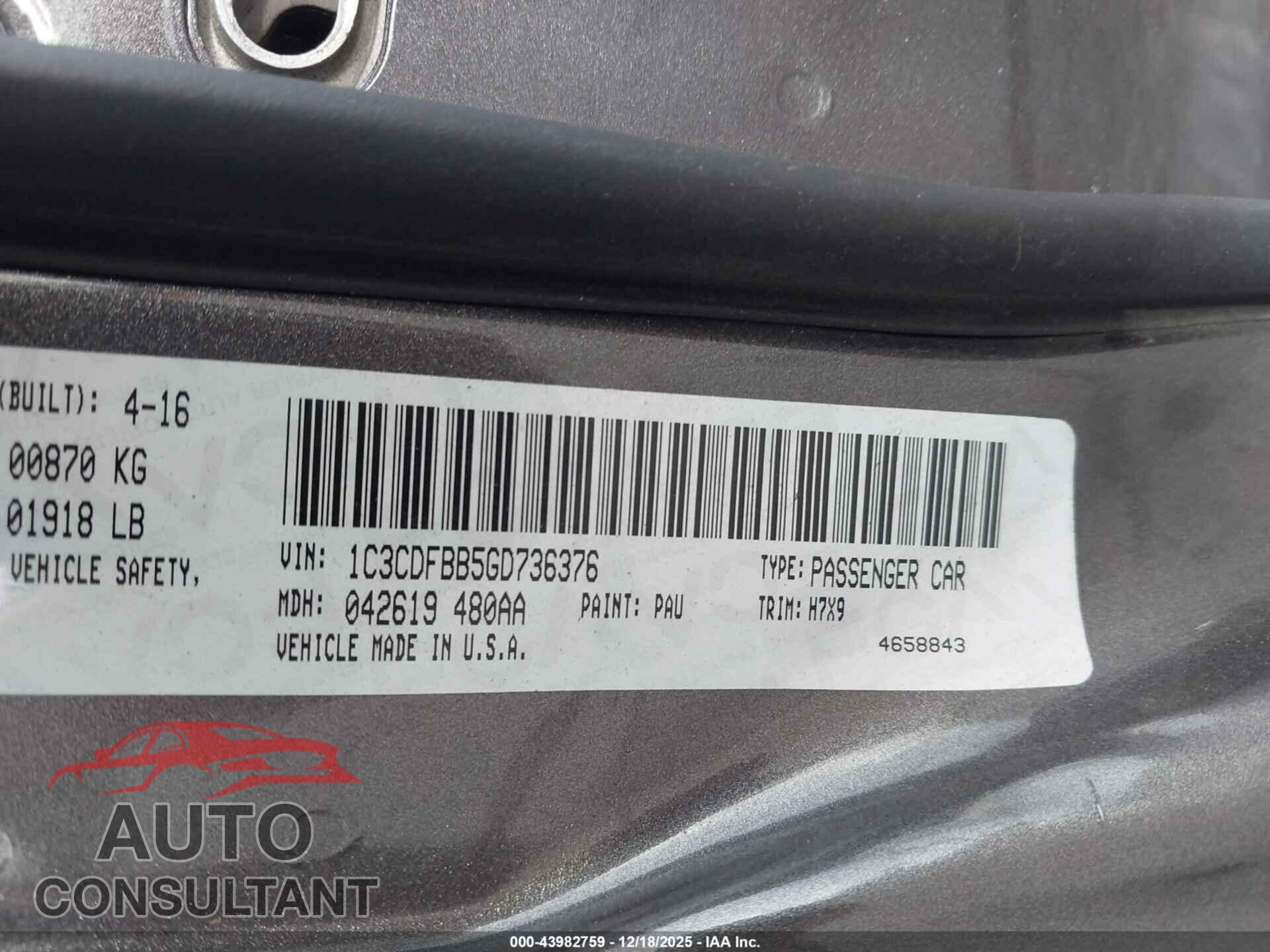 DODGE DART 2016 - 1C3CDFBB5GD736376