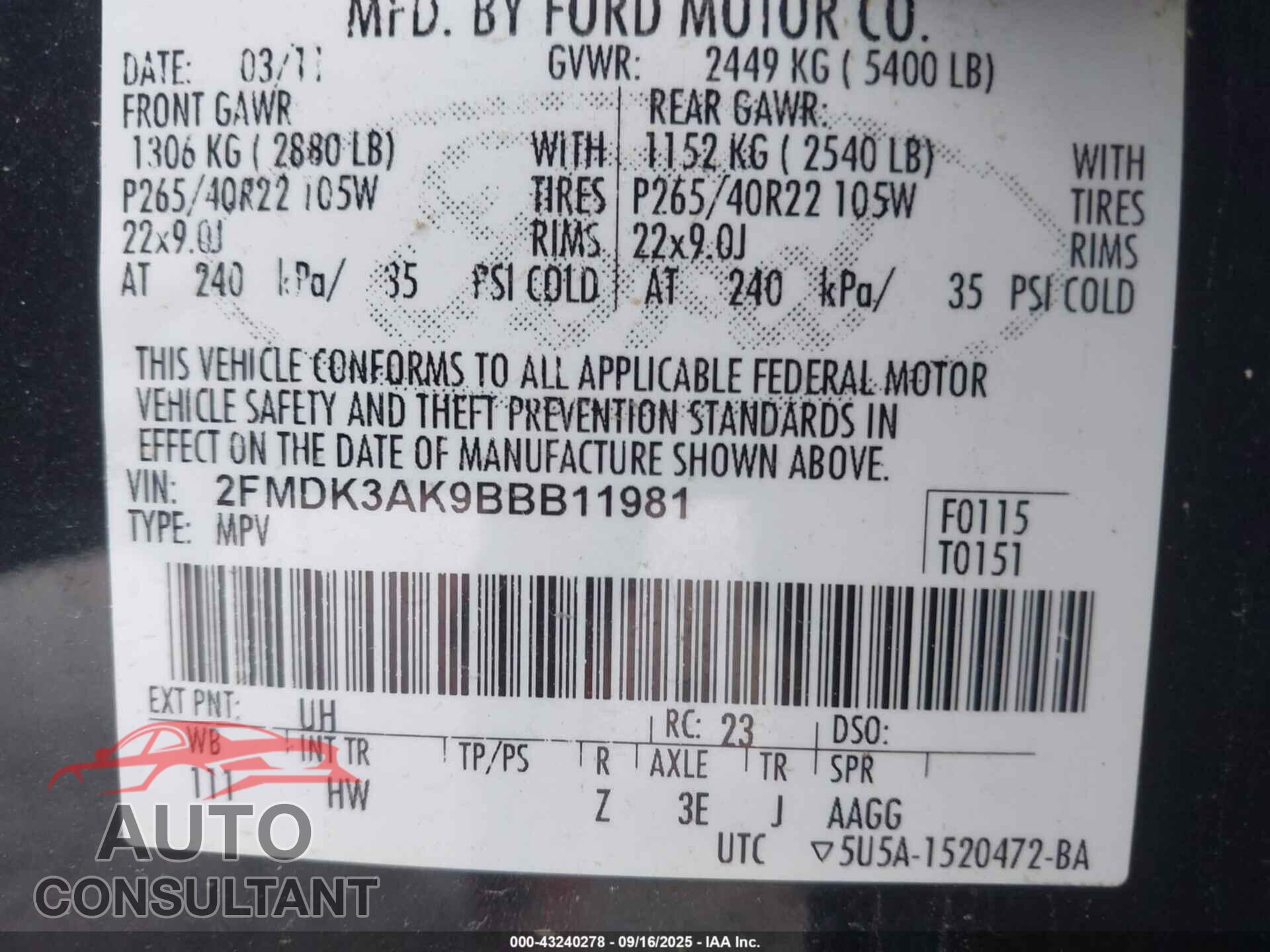 FORD EDGE 2011 - 2FMDK3AK9BBB11981
