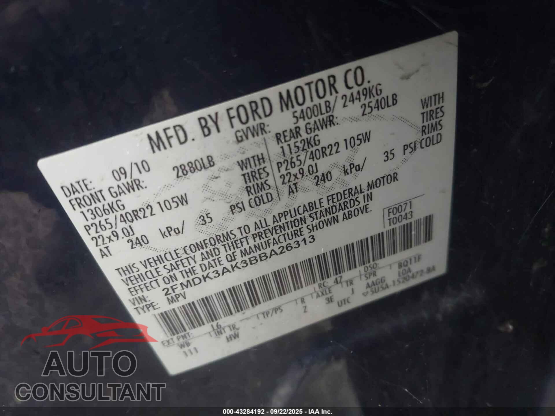 FORD EDGE 2011 - 2FMDK3AK3BBA26313