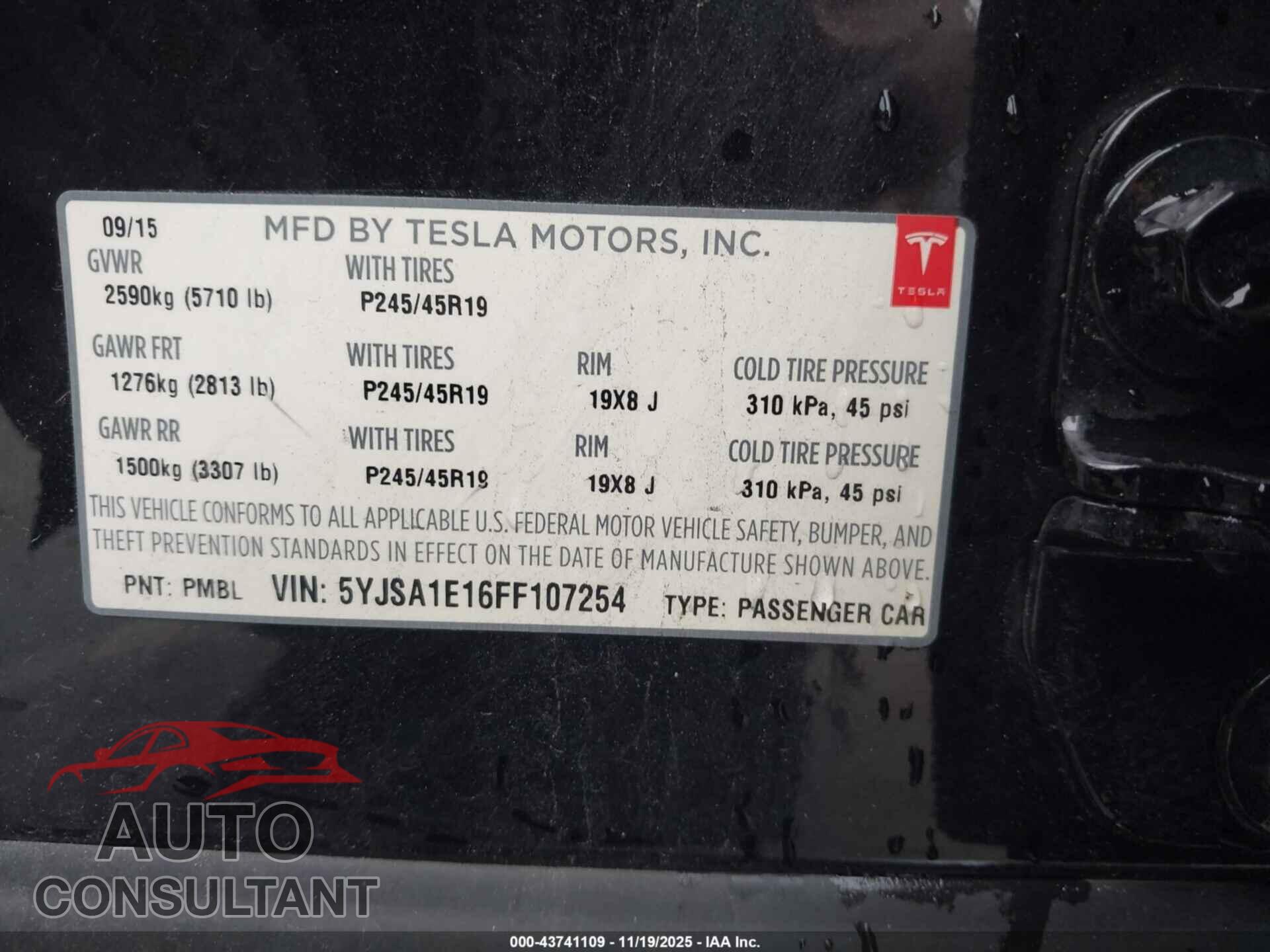 TESLA MODEL S 2015 - 5YJSA1E16FF107254