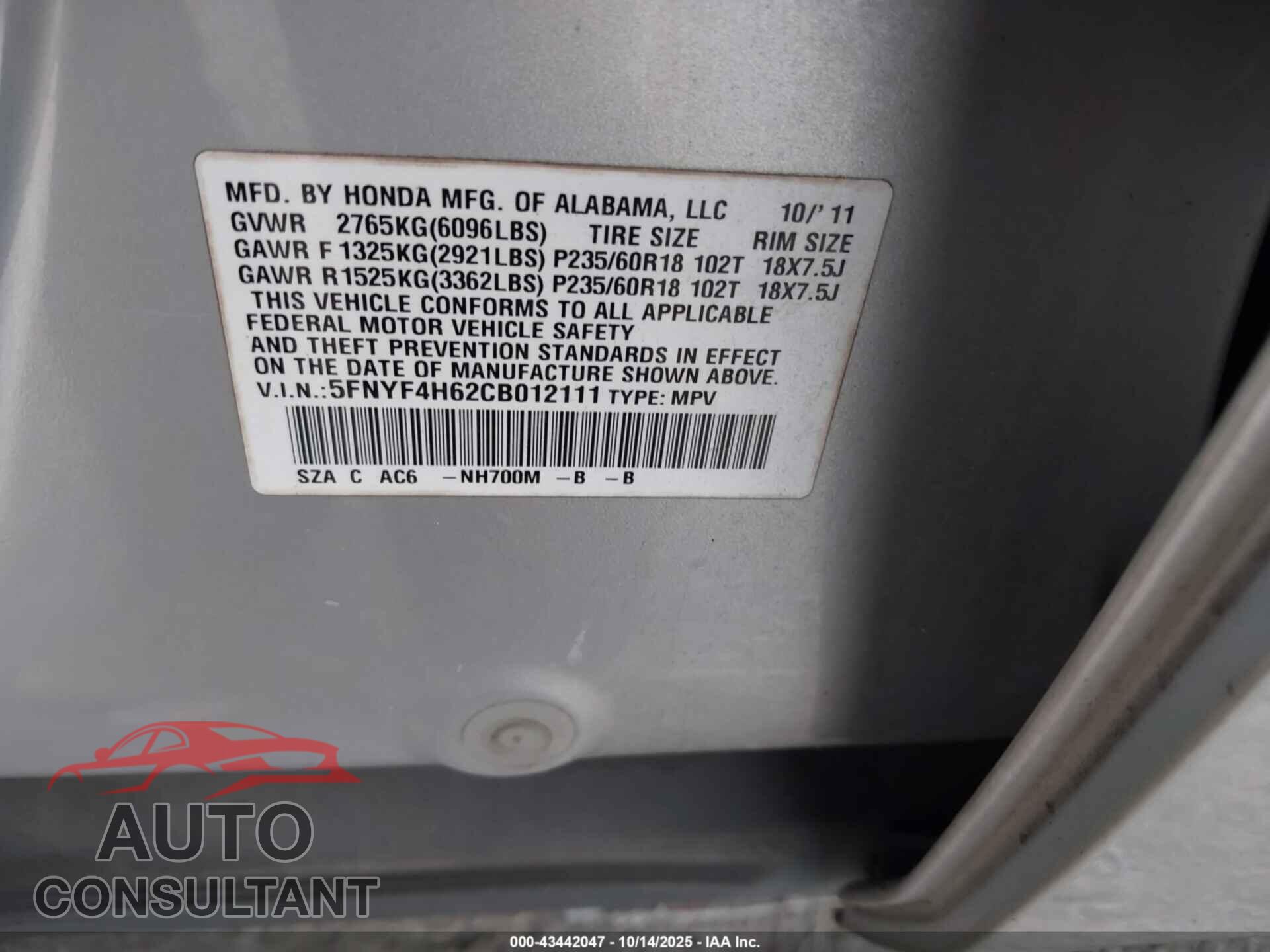 HONDA PILOT 2012 - 5FNYF4H62CB012111