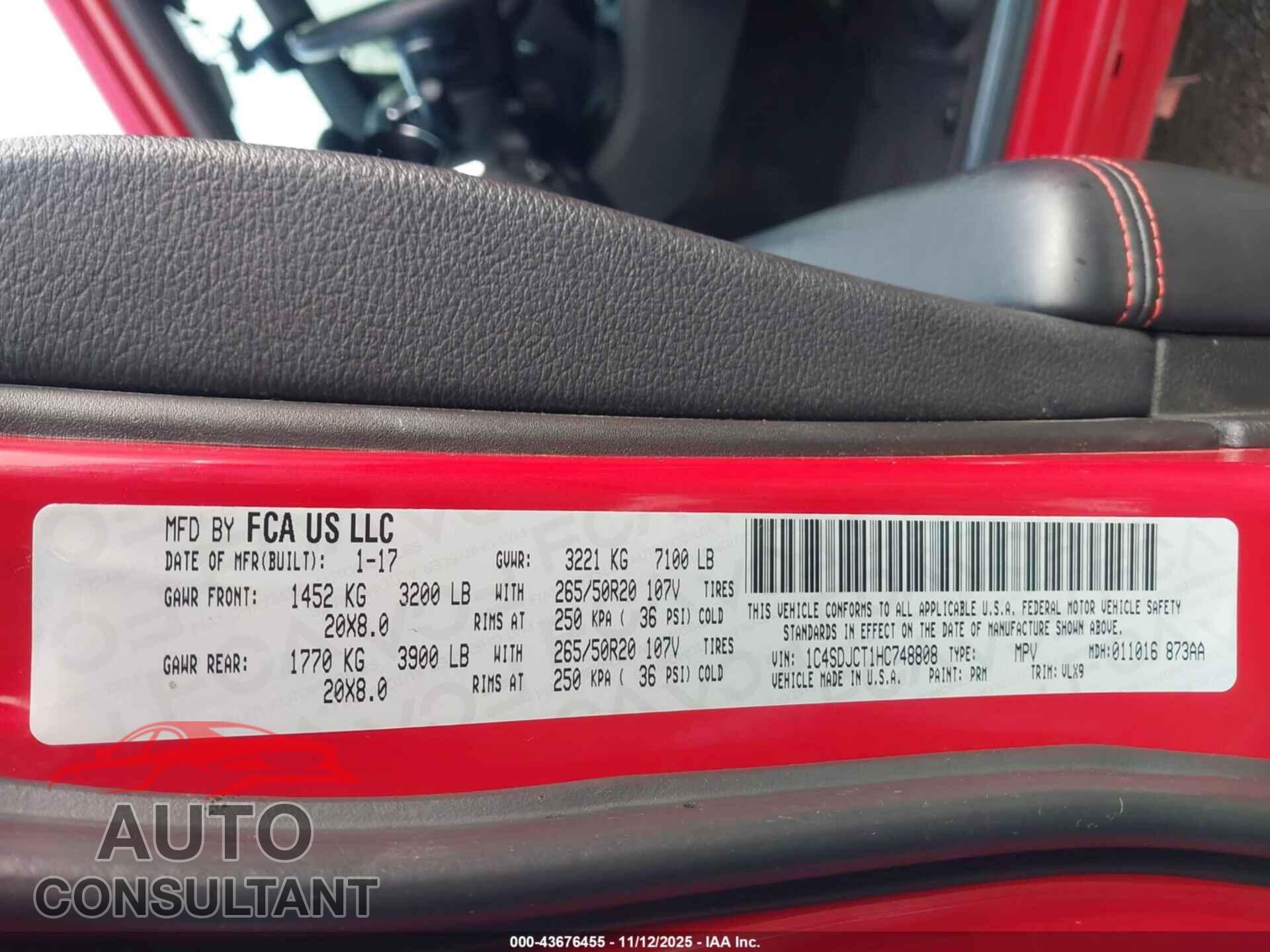 DODGE DURANGO 2017 - 1C4SDJCT1HC748808