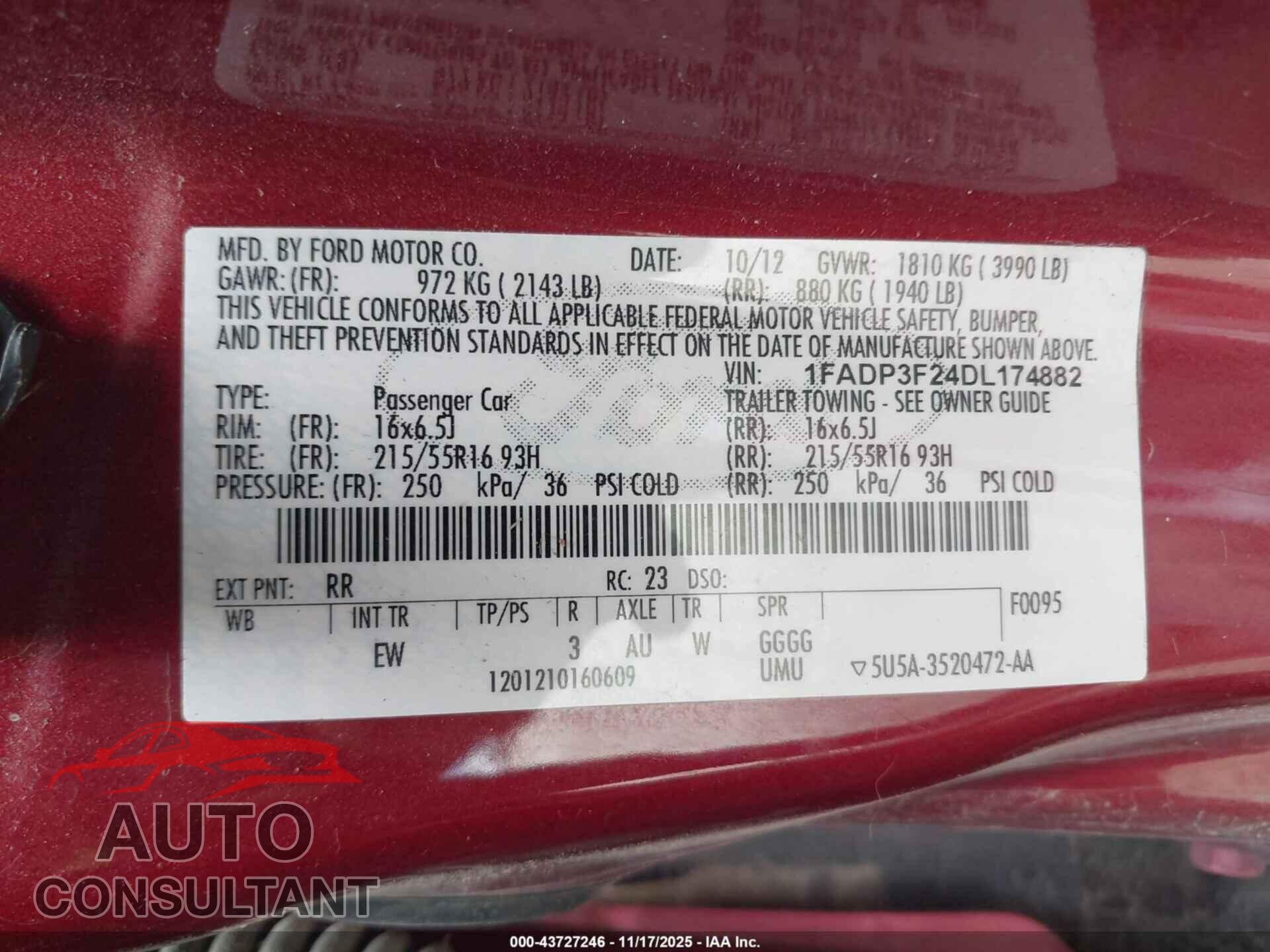 FORD FOCUS 2013 - 1FADP3F24DL174882