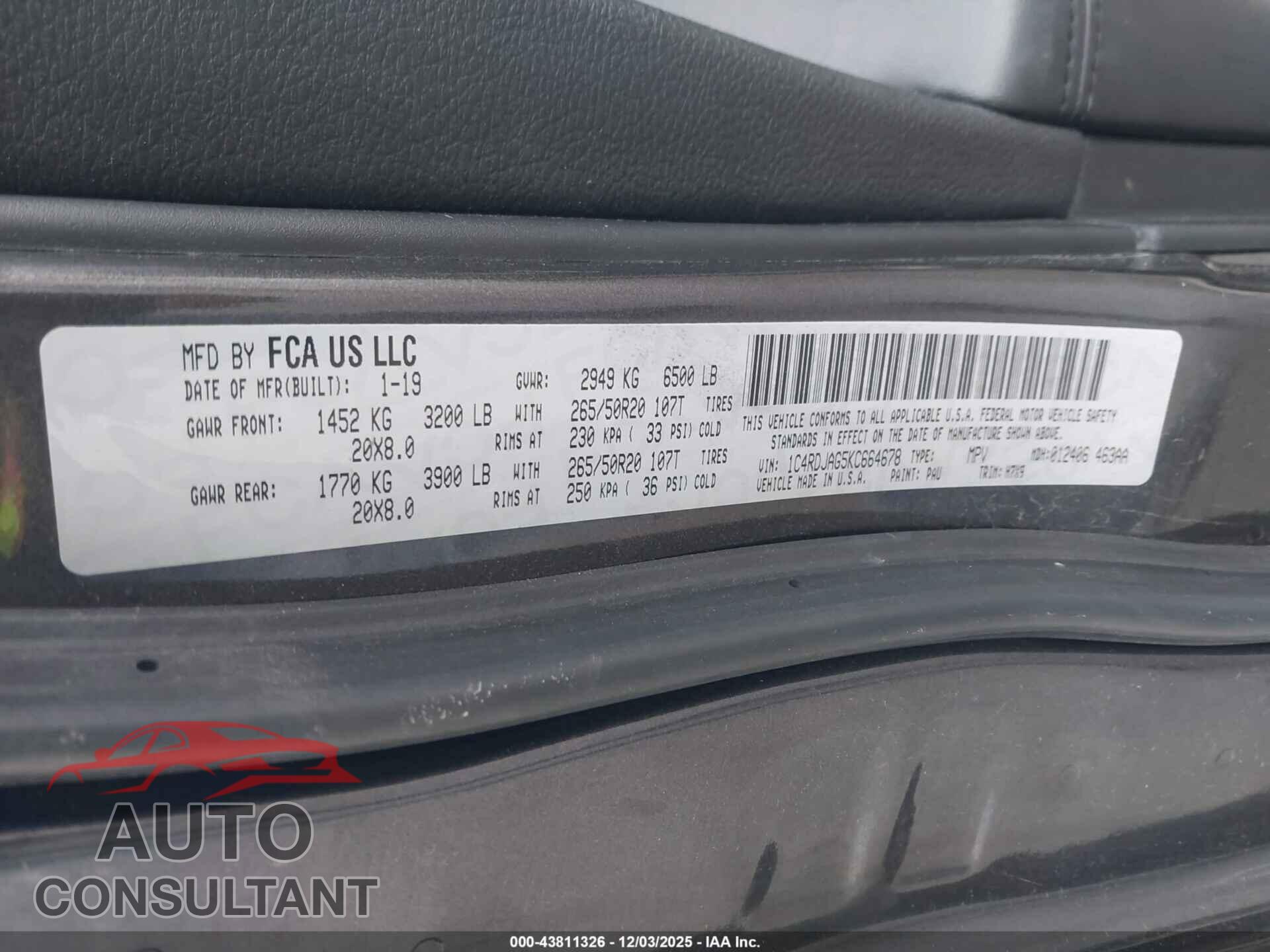 DODGE DURANGO 2019 - 1C4RDJAG5KC664678