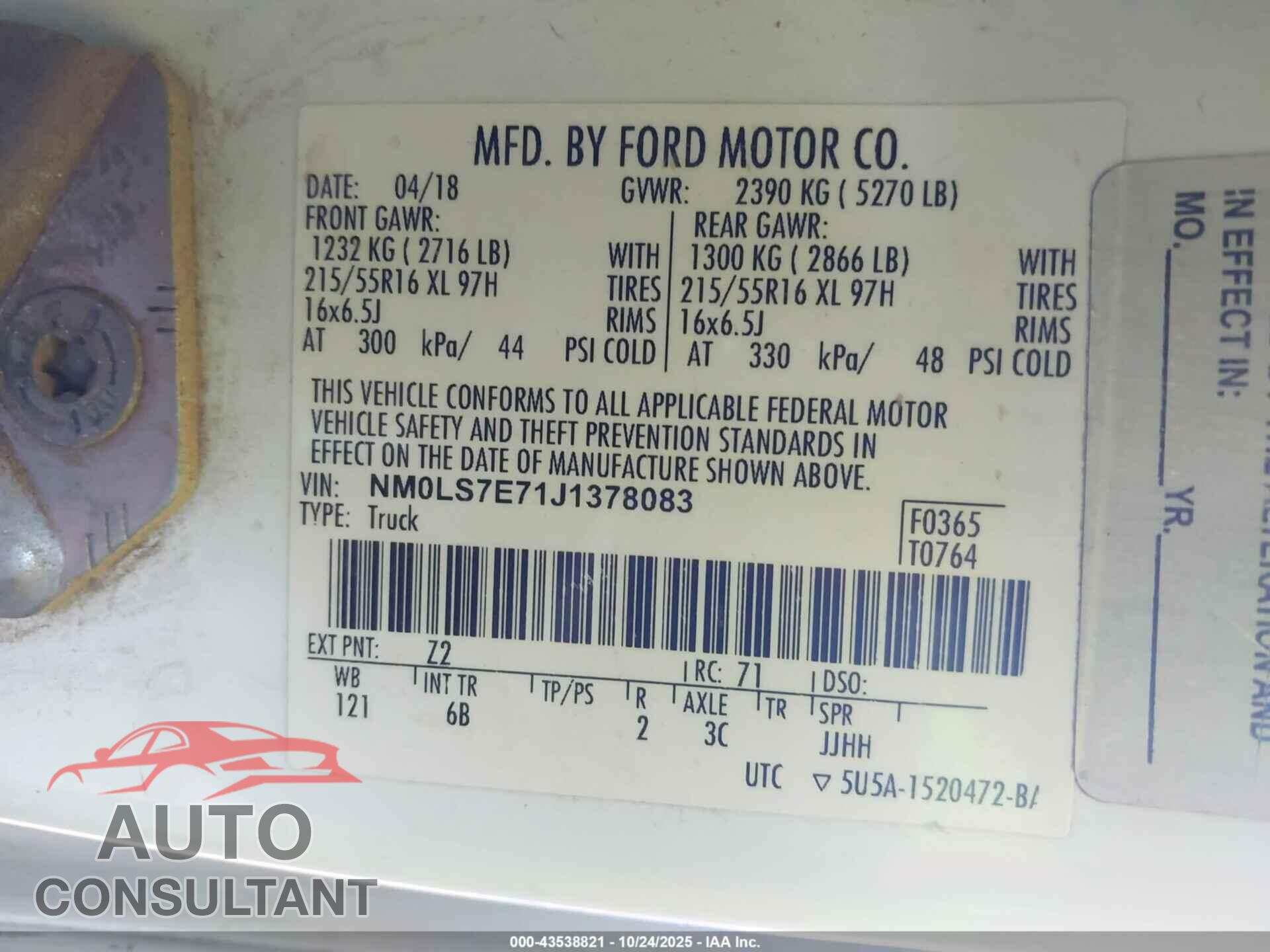 FORD TRANSIT CONNECT 2018 - NM0LS7E71J1378083