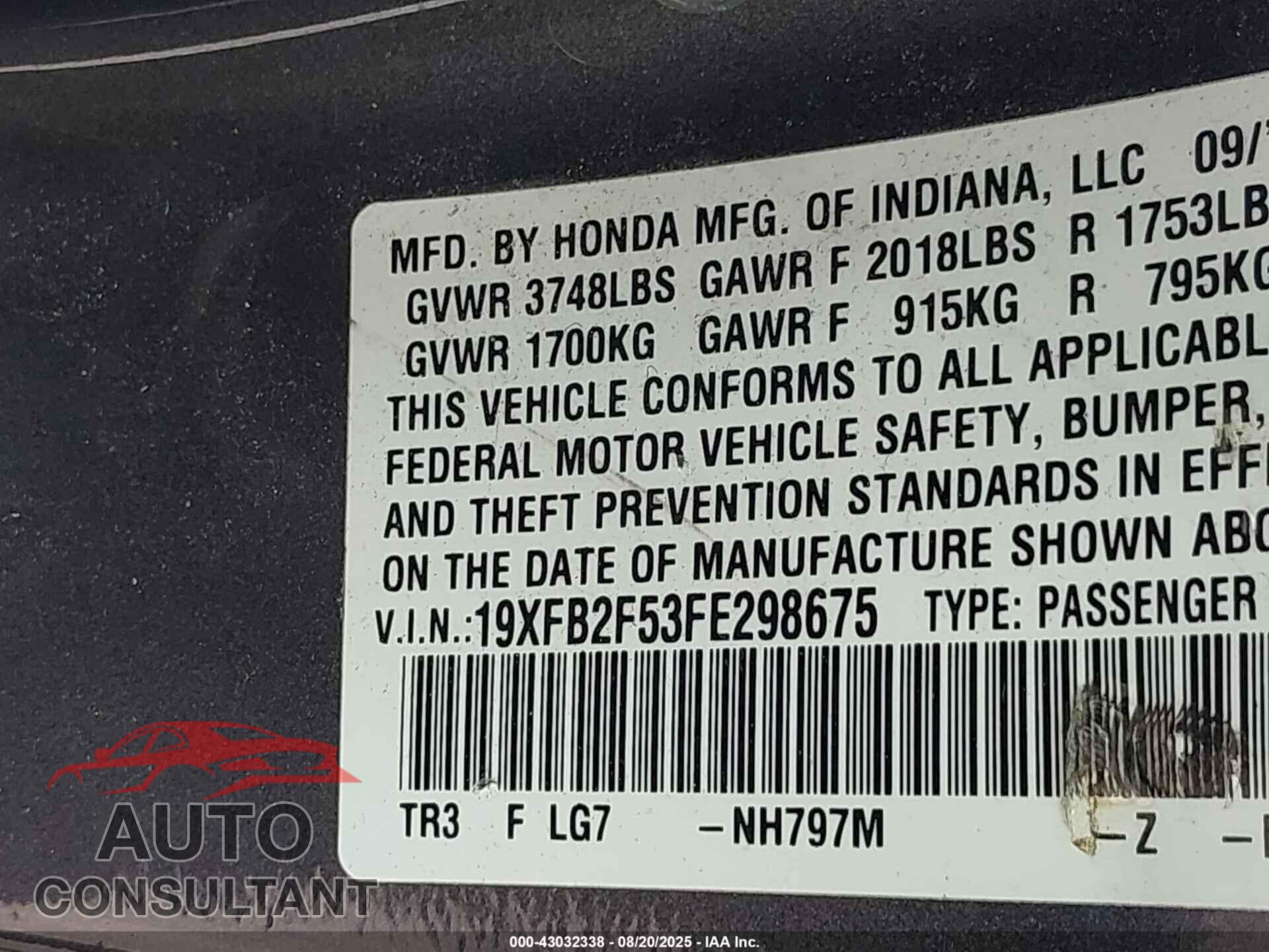 HONDA CIVIC 2015 - 19XFB2F53FE298675