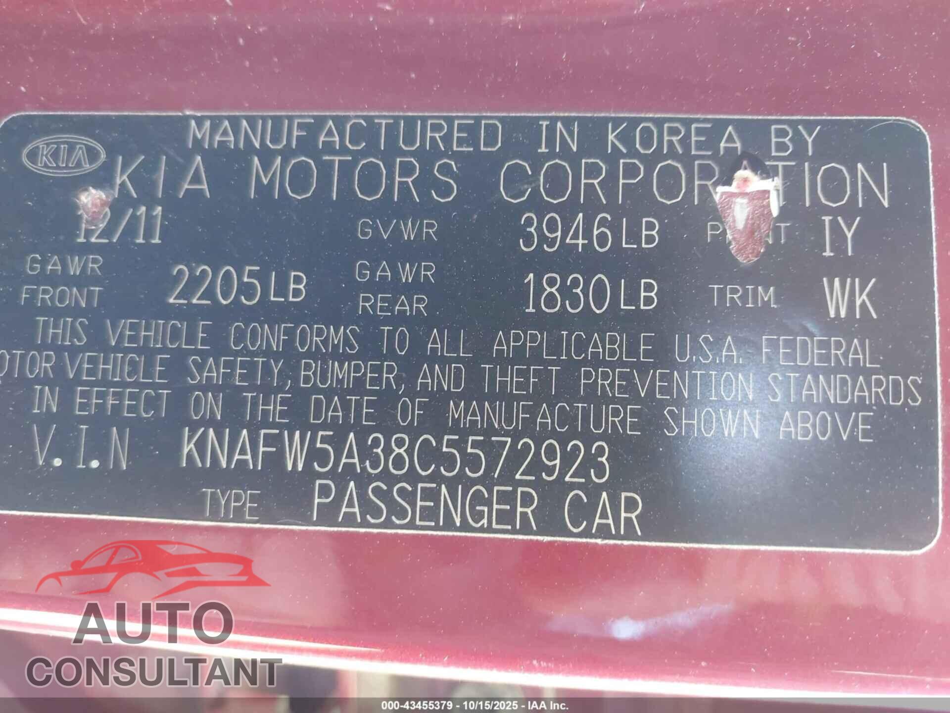 KIA FORTE 2012 - KNAFW5A38C5572923