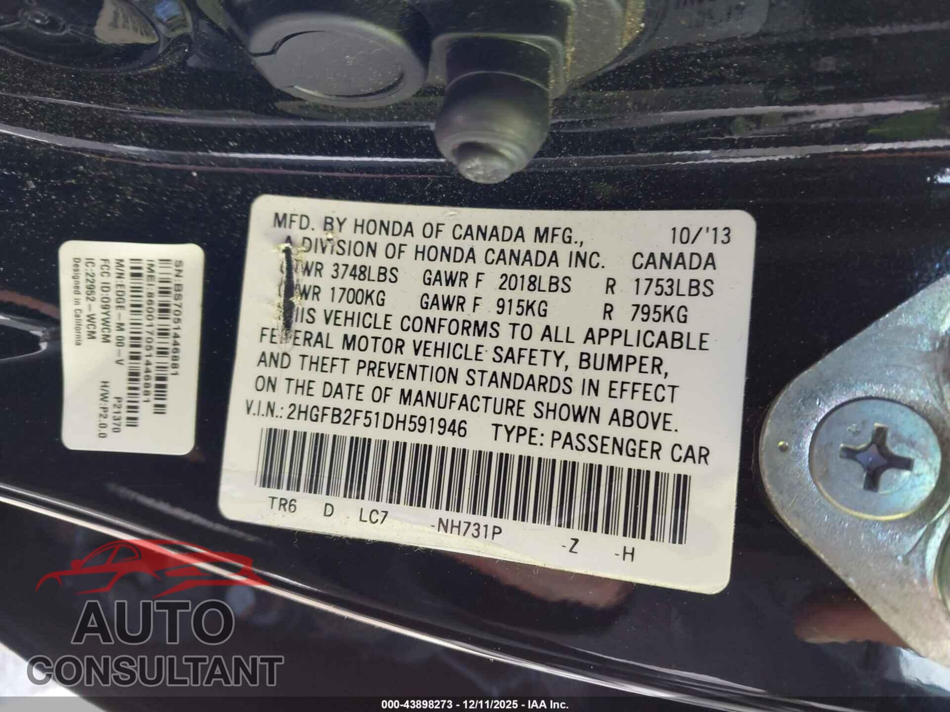 HONDA CIVIC 2013 - 2HGFB2F51DH591946