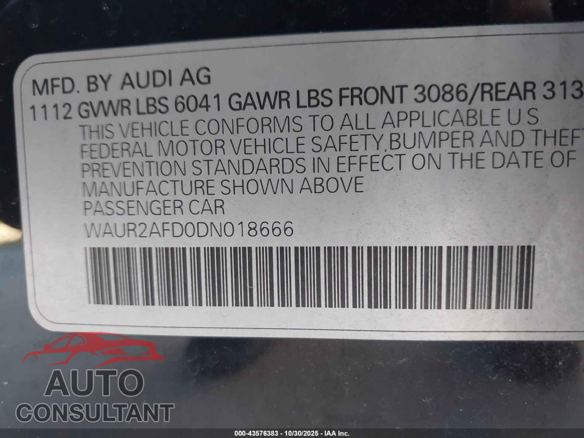 AUDI A8 L 2013 - WAUR2AFD0DN018666