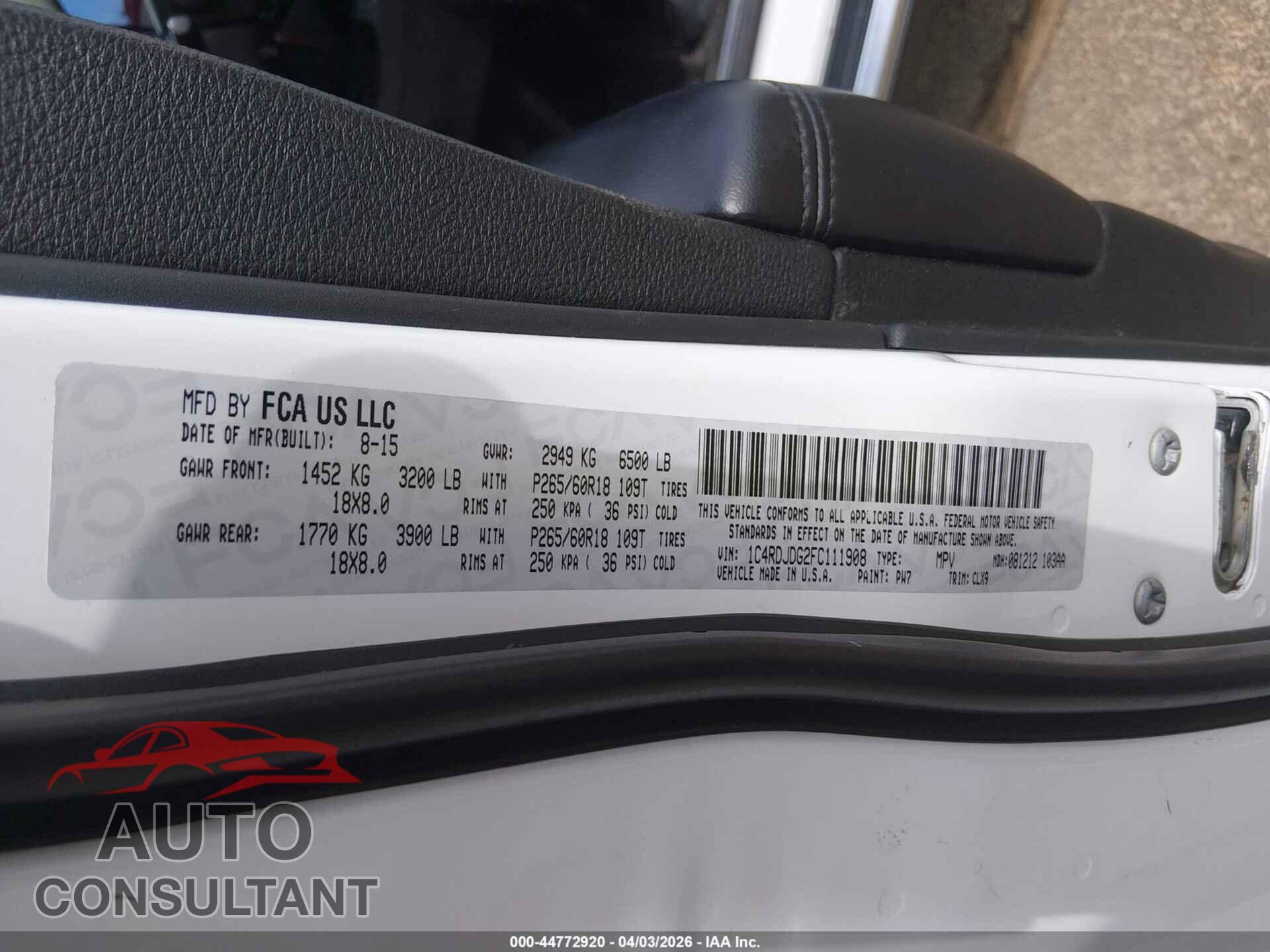 DODGE DURANGO 2015 - 1C4RDJDG2FC111908