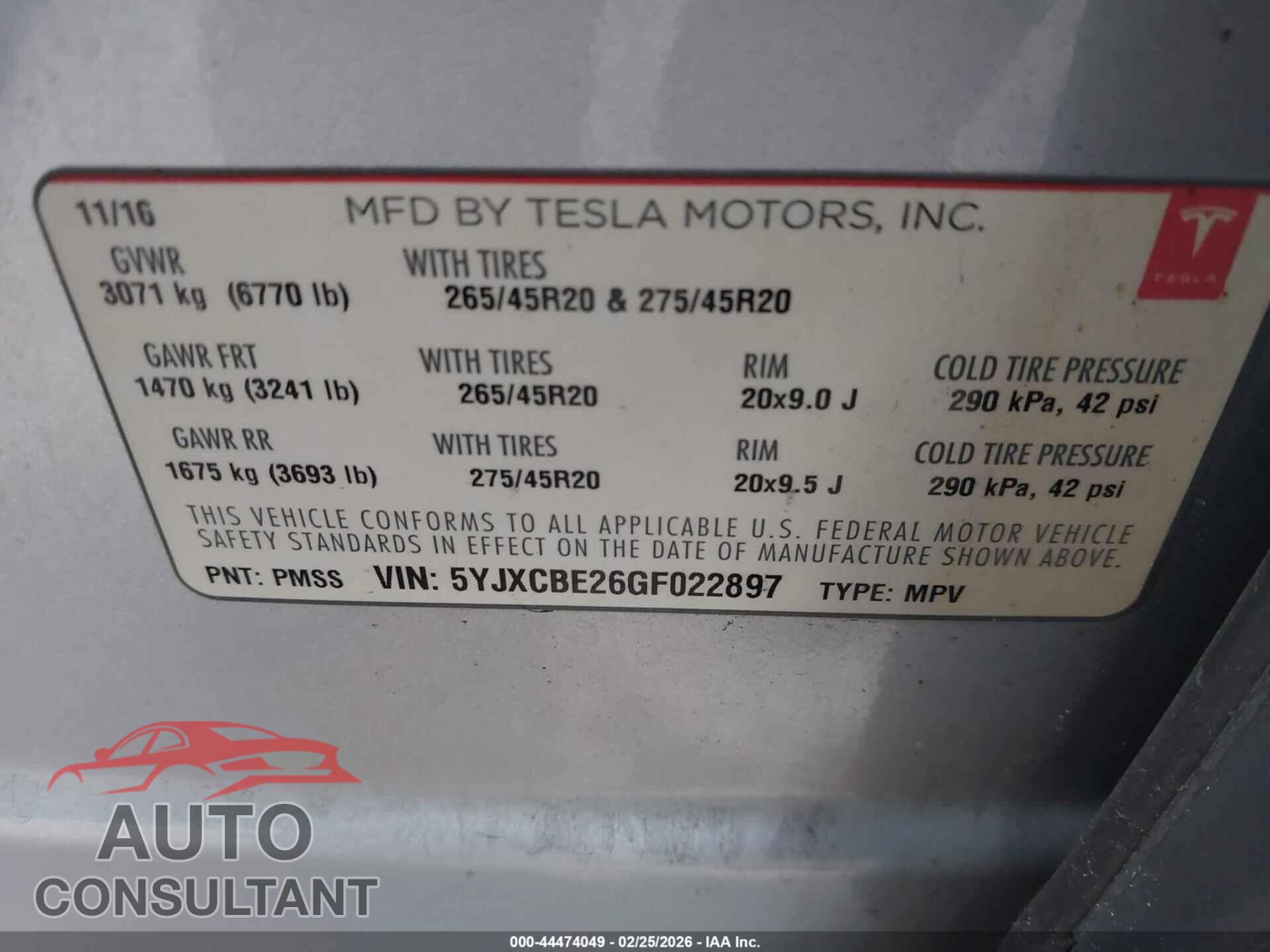 TESLA MODEL X 2016 - 5YJXCBE26GF022897