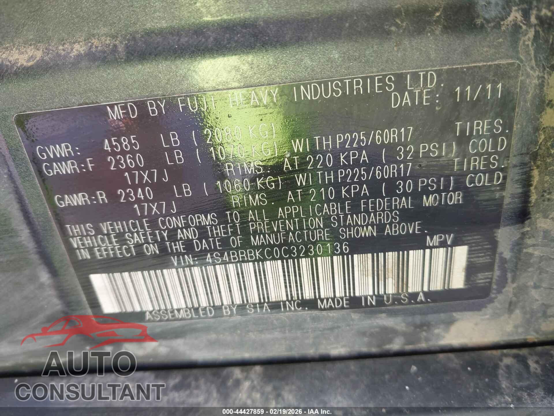 SUBARU OUTBACK 2012 - 4S4BRBKC0C3230136