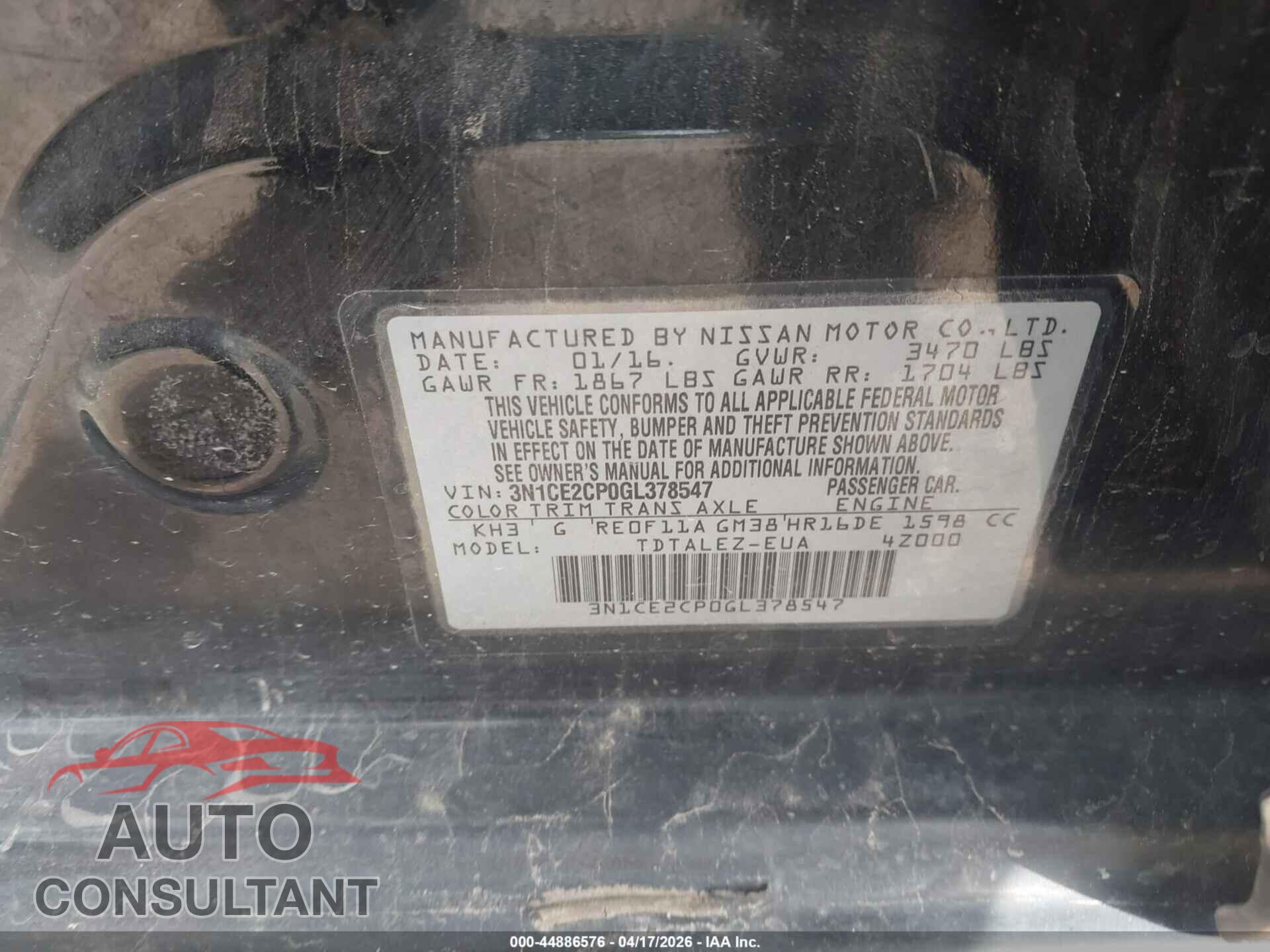 NISSAN VERSA NOTE 2016 - 3N1CE2CP0GL378547