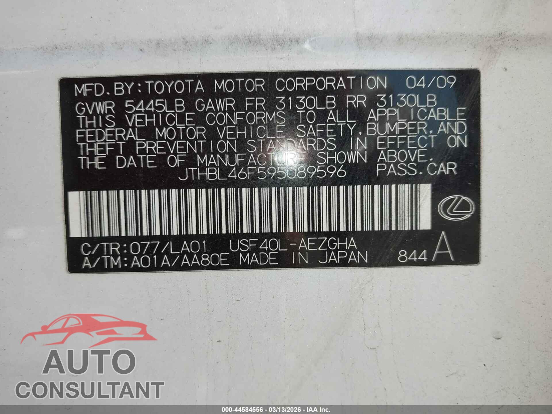 LEXUS LS 460 2009 - JTHBL46F595089596