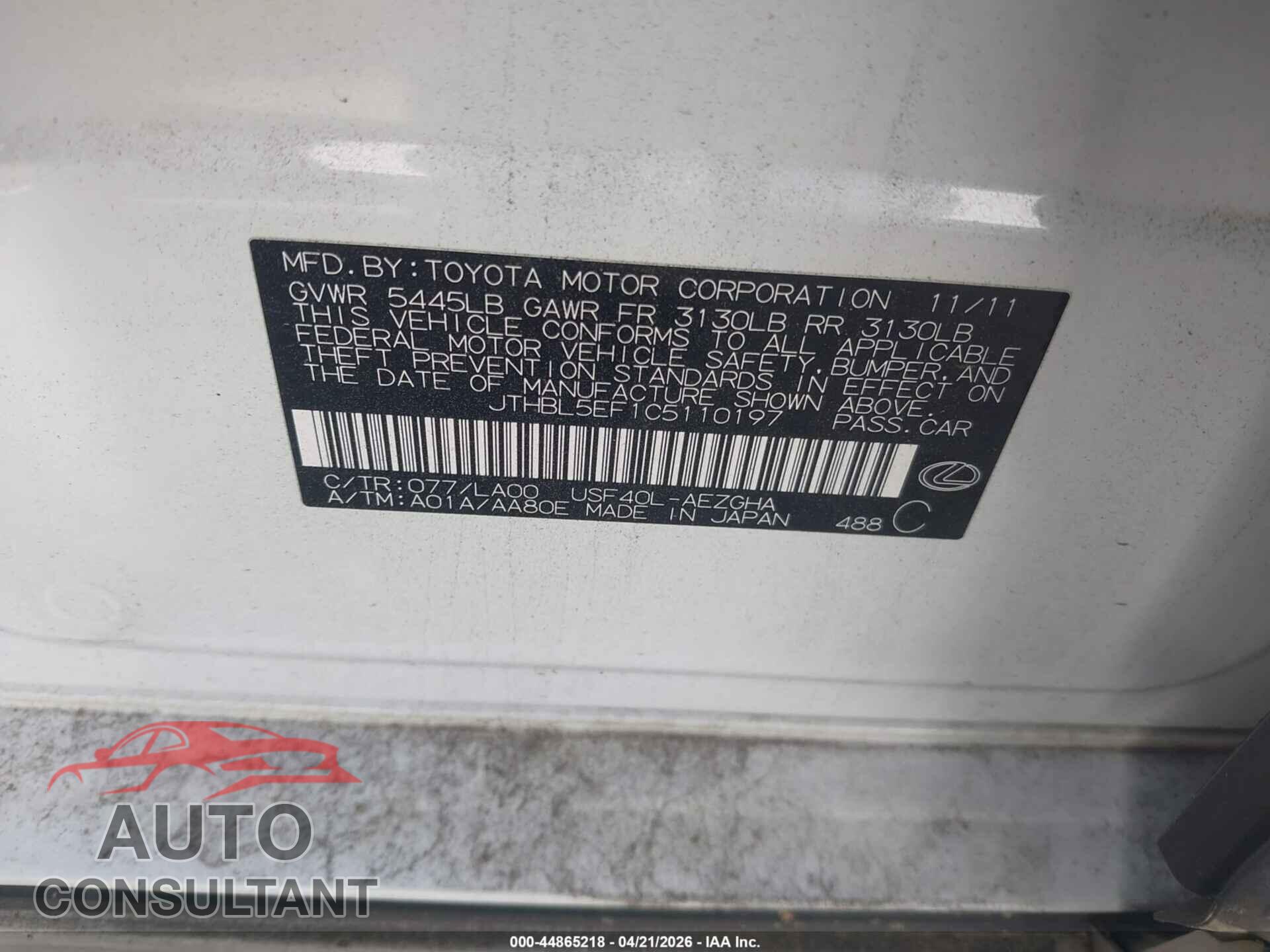 LEXUS LS 460 2012 - JTHBL5EF1C5110197