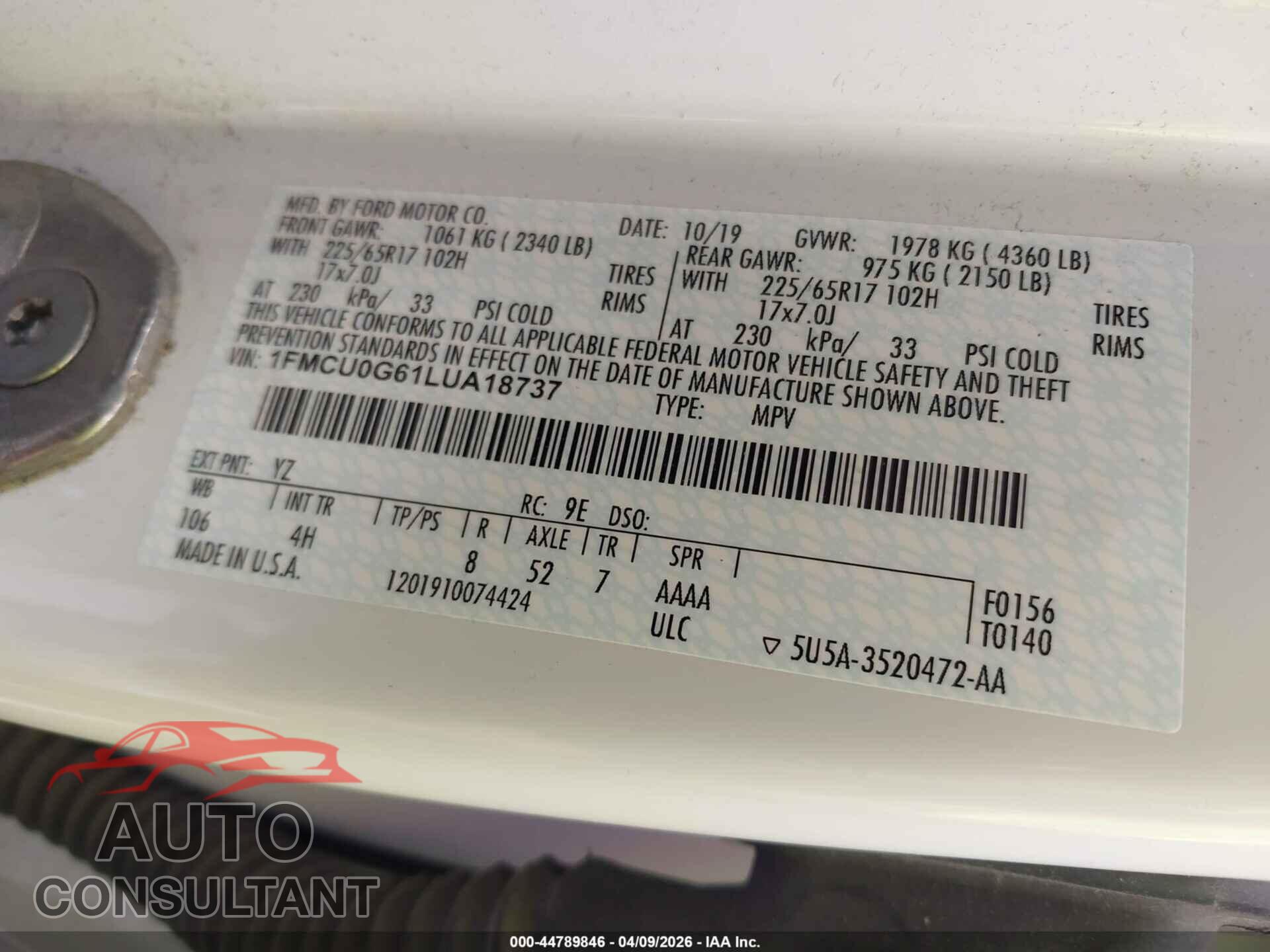 FORD ESCAPE 2020 - 1FMCU0G61LUA18737