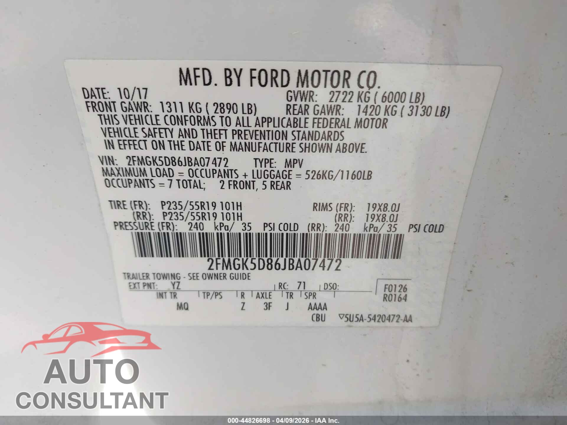FORD FLEX 2018 - 2FMGK5D86JBA07472