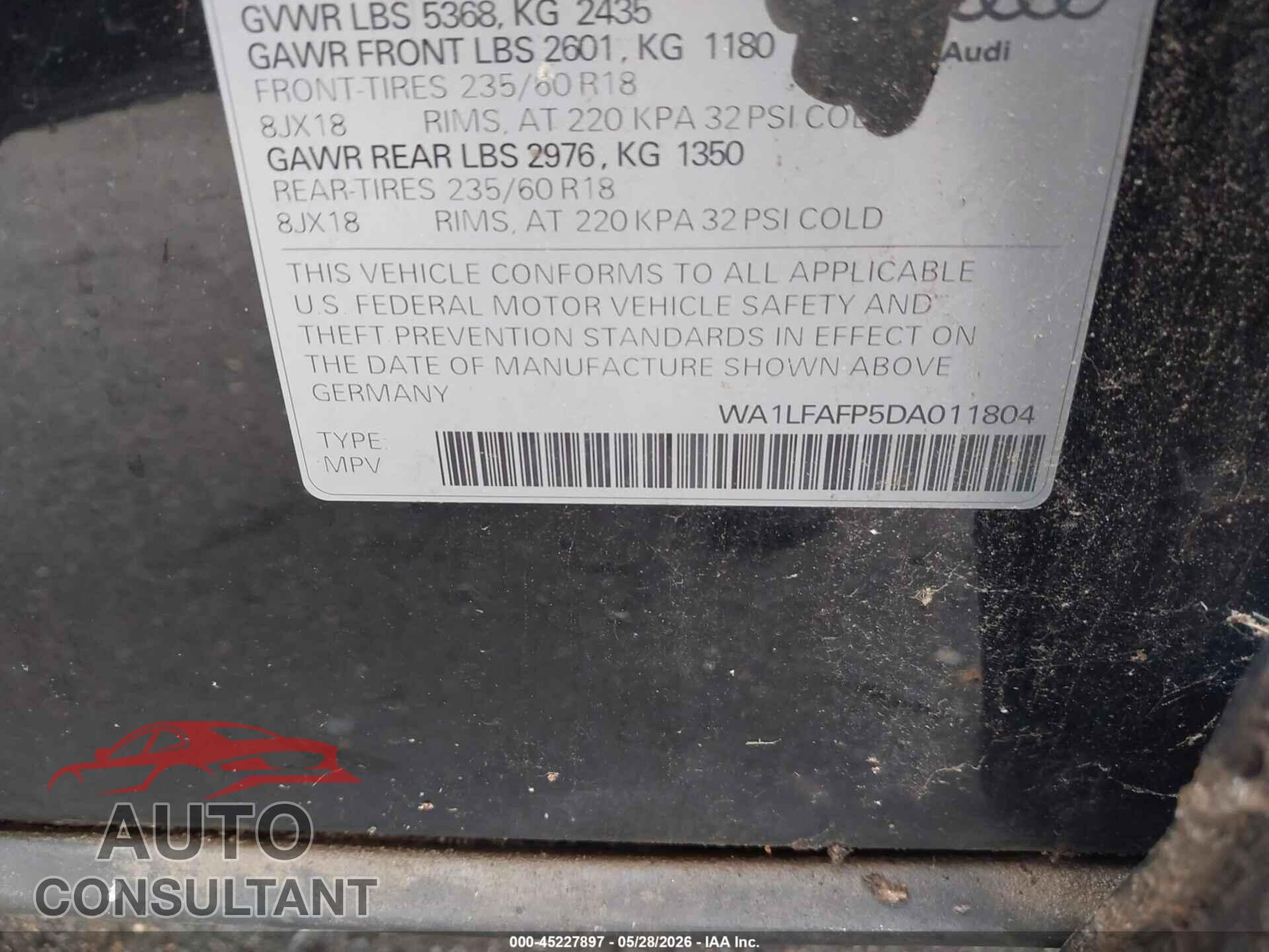 AUDI Q5 2013 - WA1LFAFP5DA011804