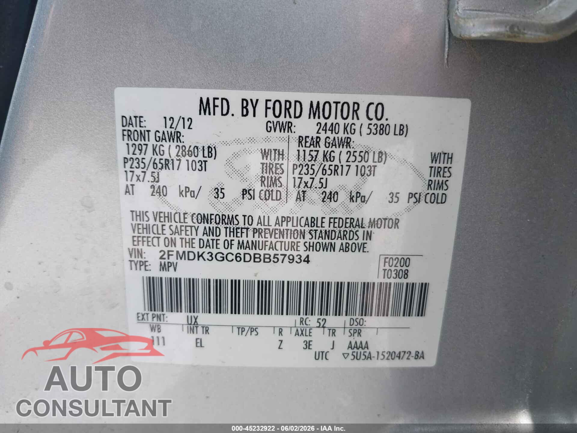 FORD EDGE 2013 - 2FMDK3GC6DBB57934
