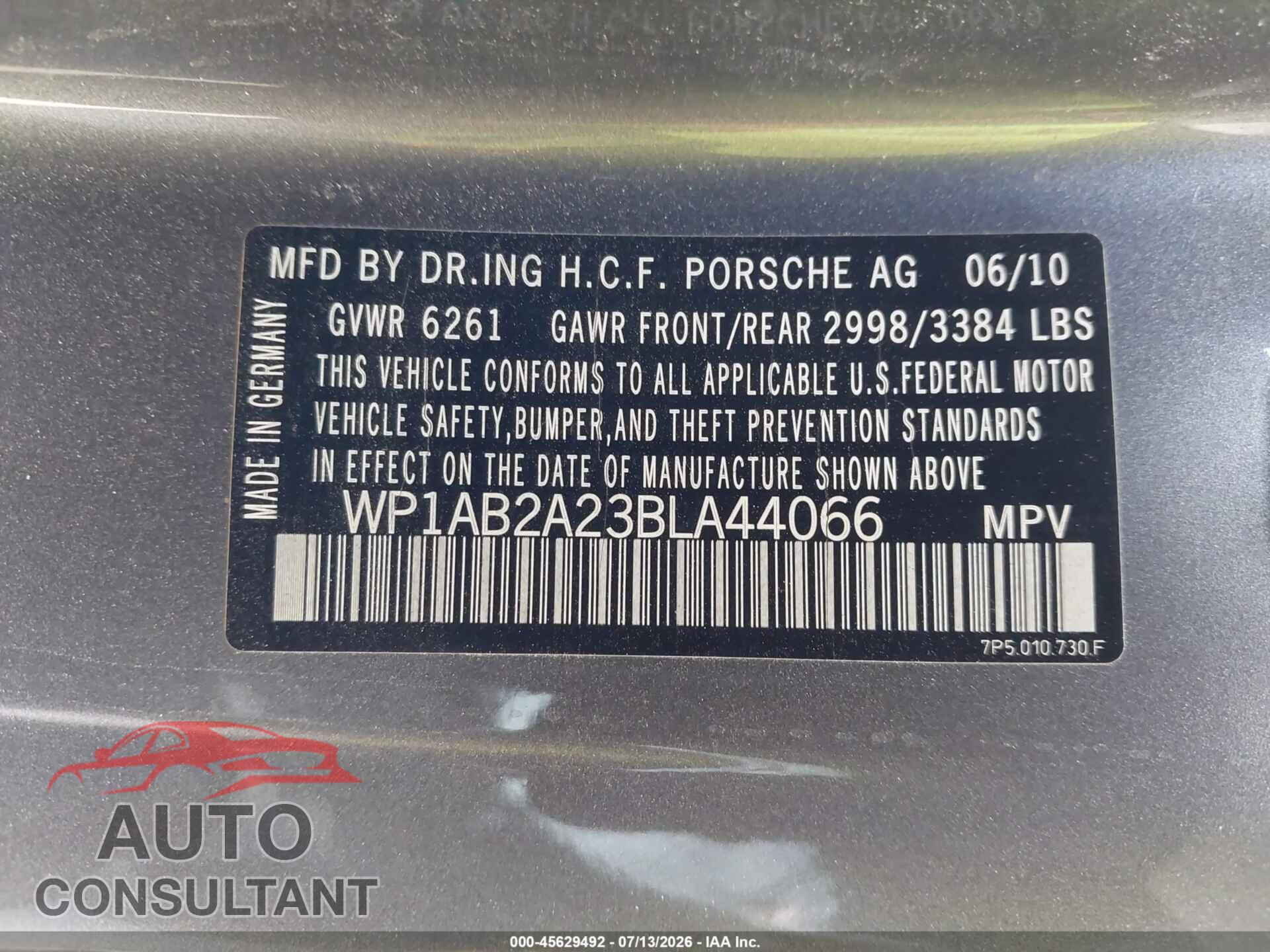 PORSCHE CAYENNE 2011 - WP1AB2A23BLA44066