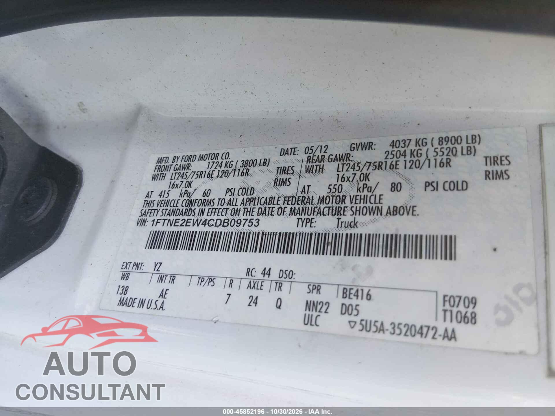 FORD E-250 2012 - 1FTNE2EW4CDB09753