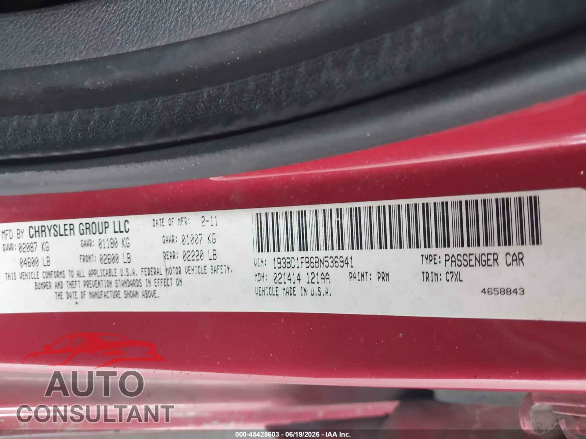 DODGE AVENGER 2011 - 1B3BD1FB6BN536941