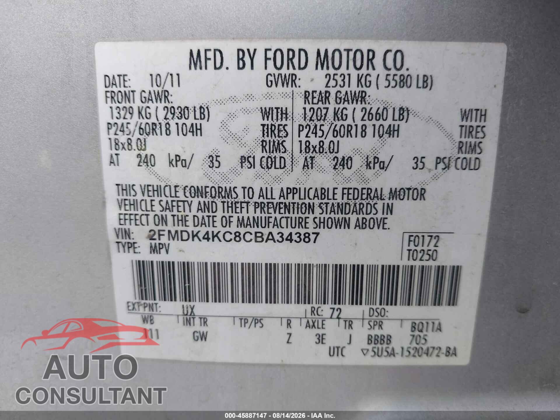 FORD EDGE 2012 - 2FMDK4KC8CBA34387