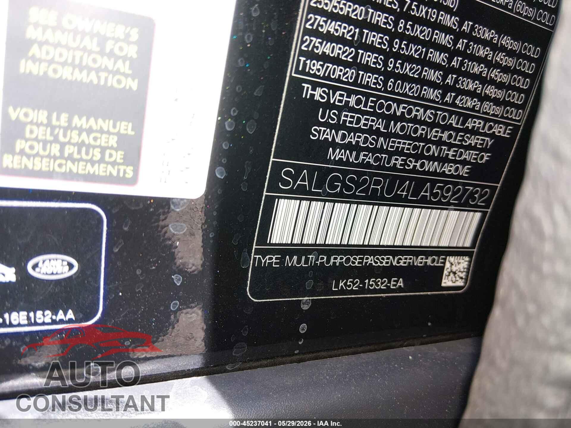 LAND ROVER RANGE ROVER 2020 - SALGS2RU4LA592732
