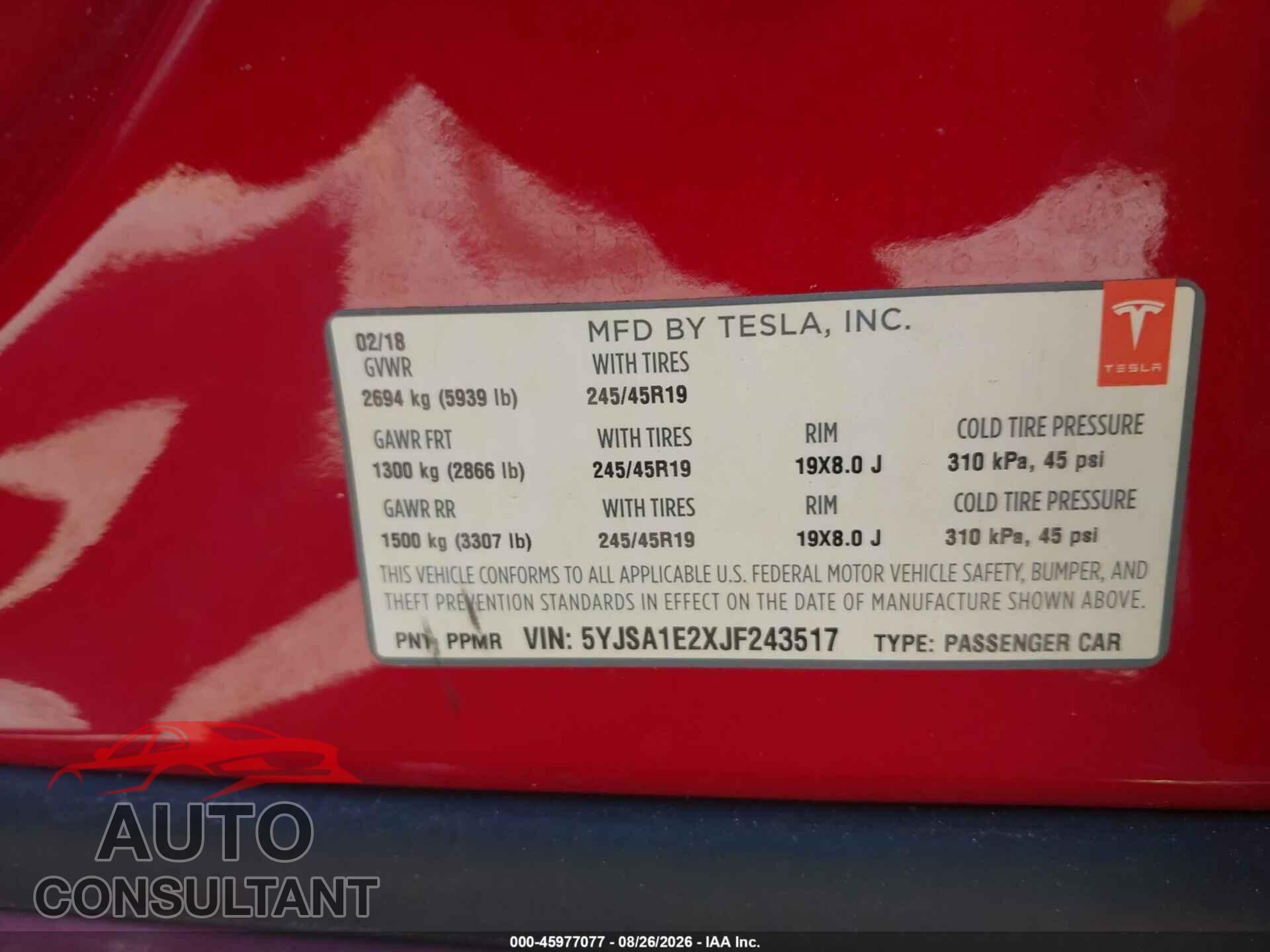 TESLA MODEL S 2018 - 5YJSA1E2XJF243517