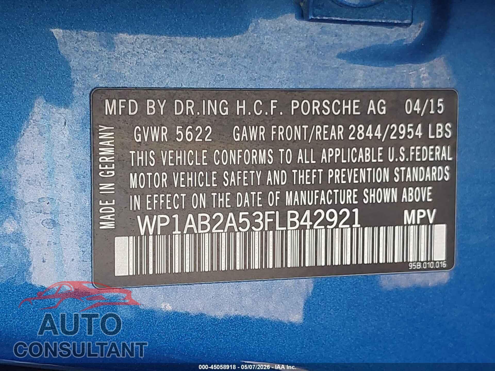 PORSCHE MACAN 2015 - WP1AB2A53FLB42921