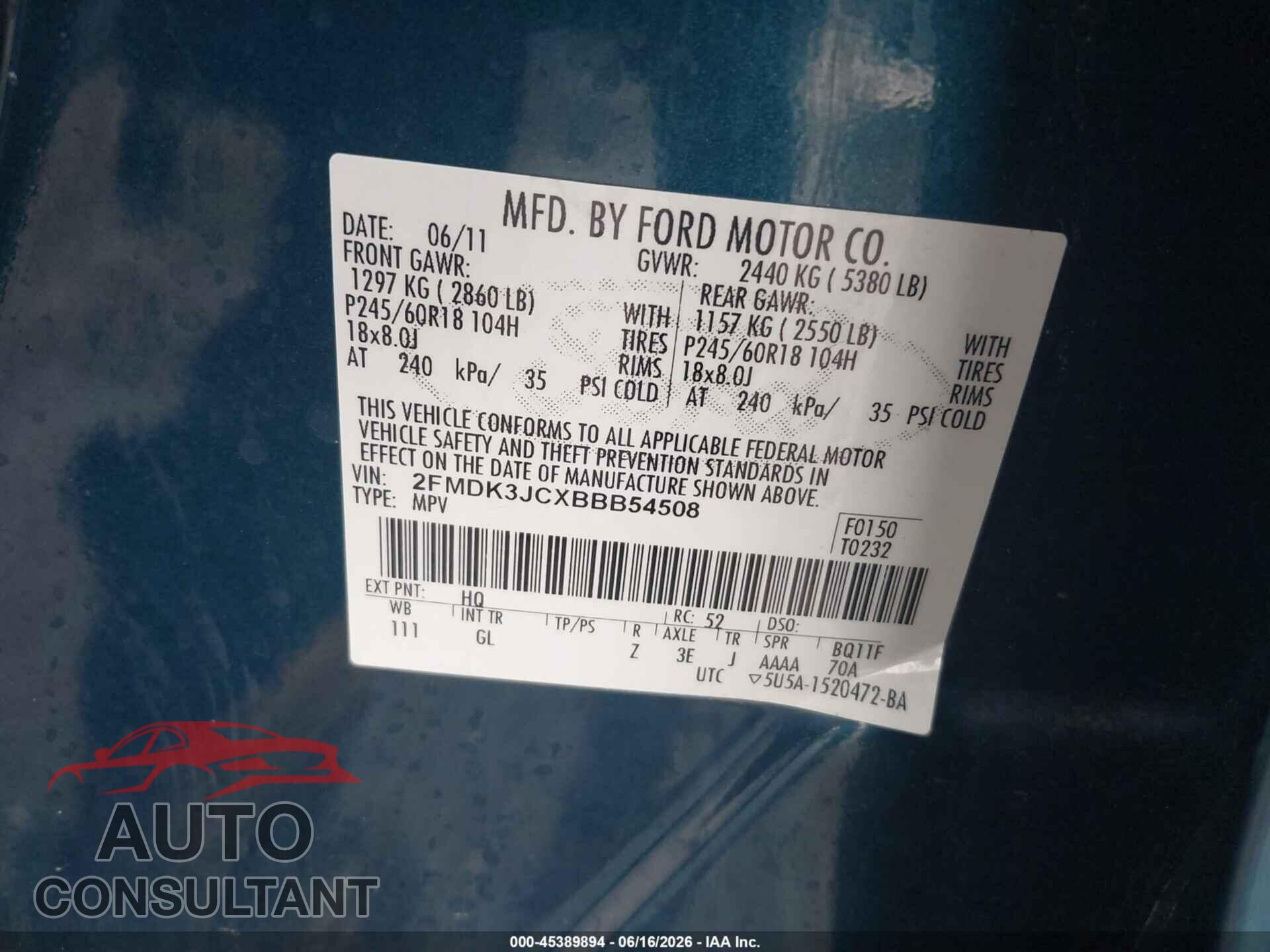 FORD EDGE 2011 - 2FMDK3JCXBBB54508