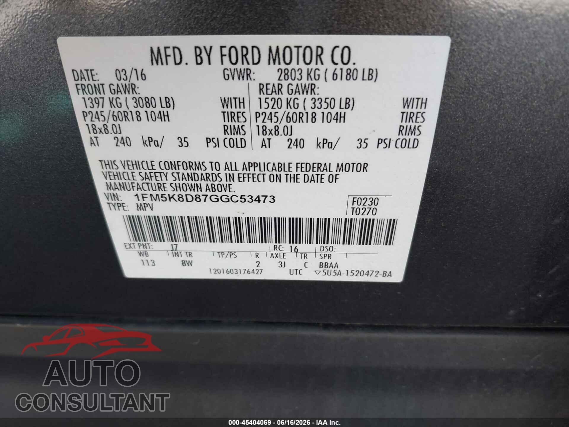 FORD EXPLORER 2016 - 1FM5K8D87GGC53473
