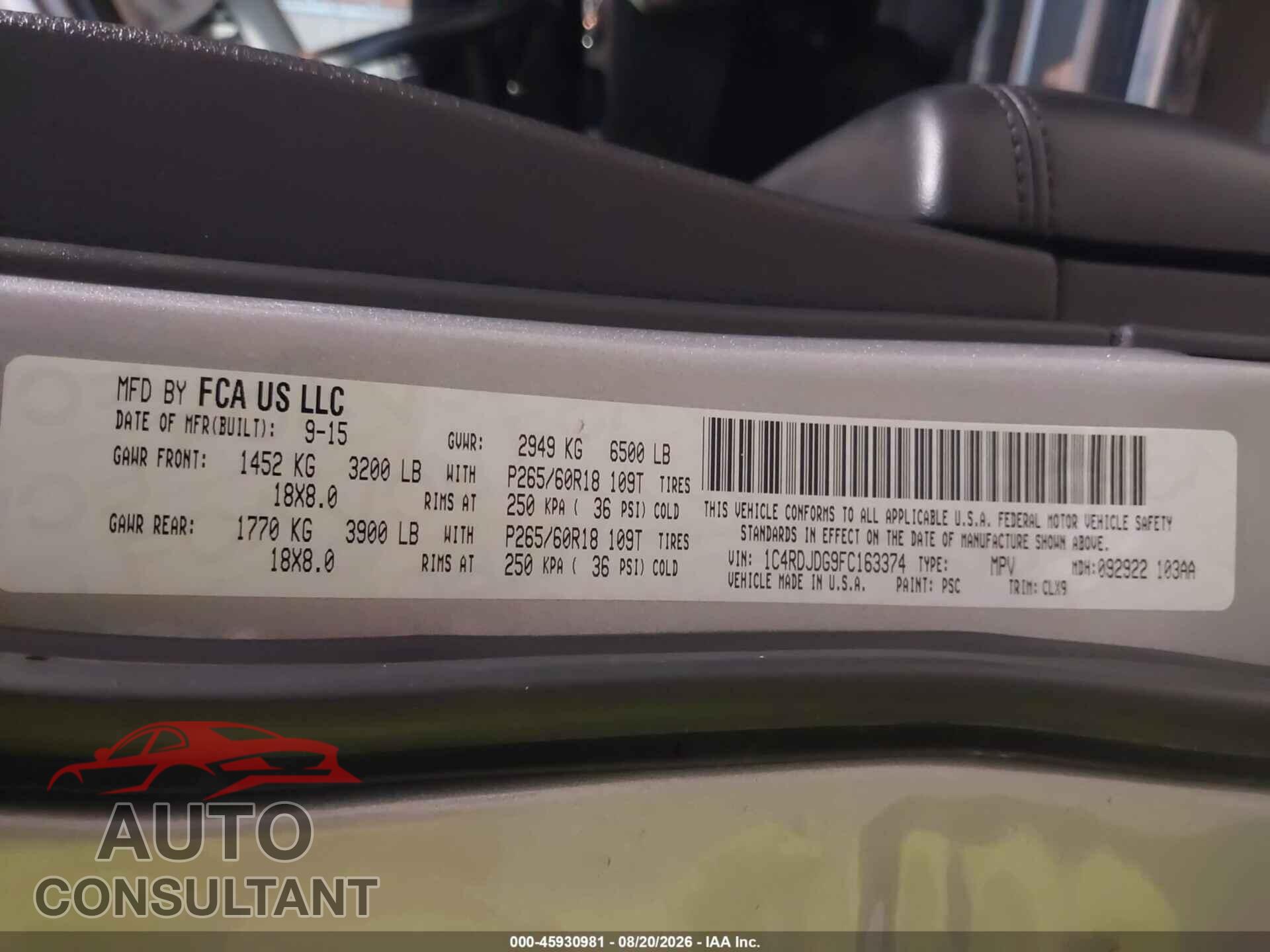 DODGE DURANGO 2015 - 1C4RDJDG9FC163374