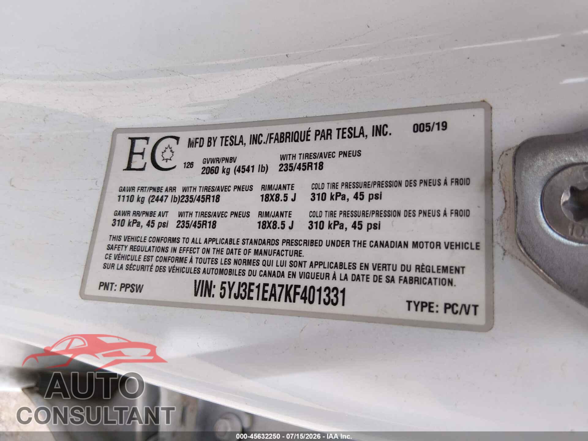 TESLA MODEL 3 2019 - 5YJ3E1EA7KF401331