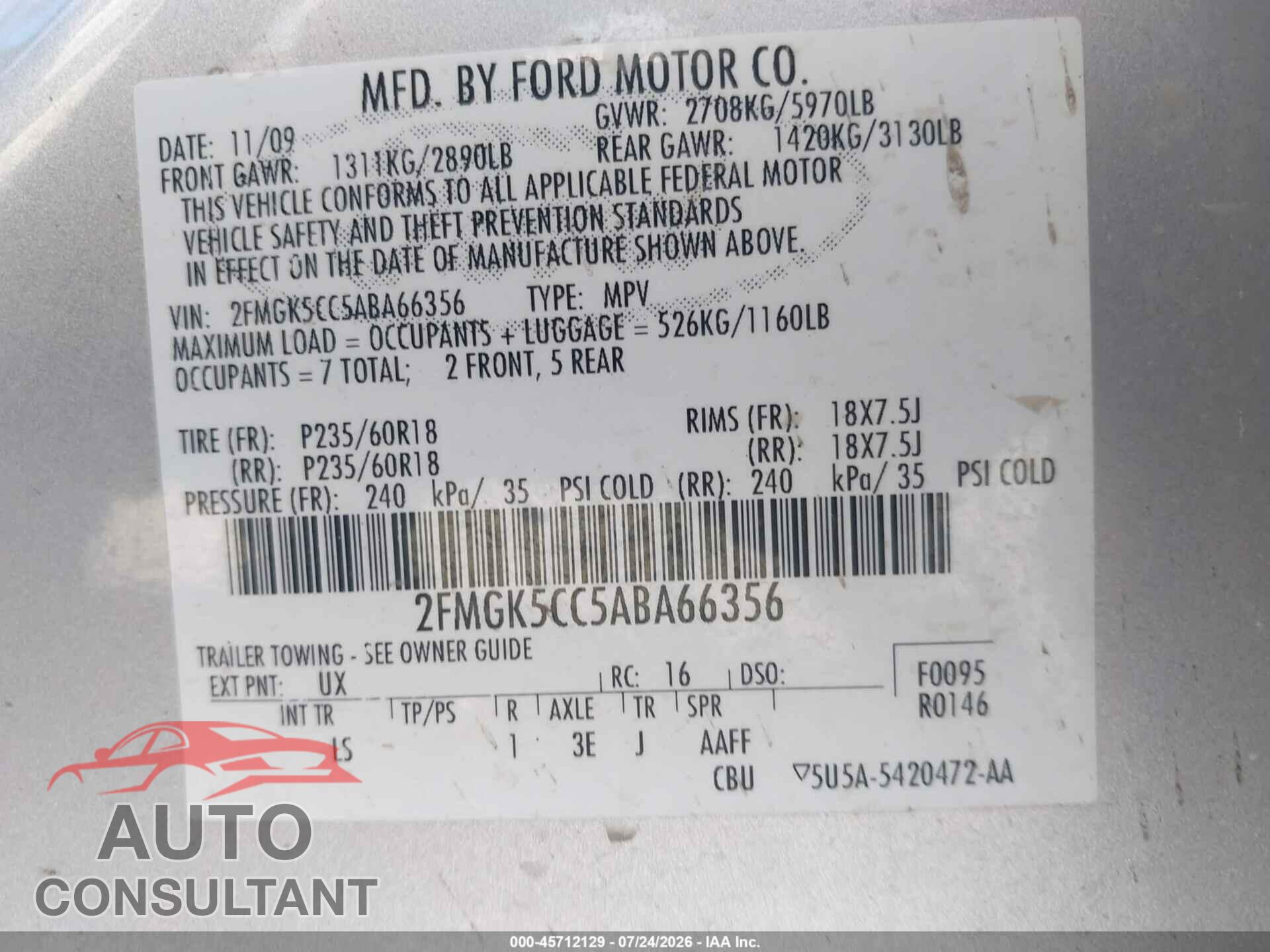 FORD FLEX 2010 - 2FMGK5CC5ABA66356