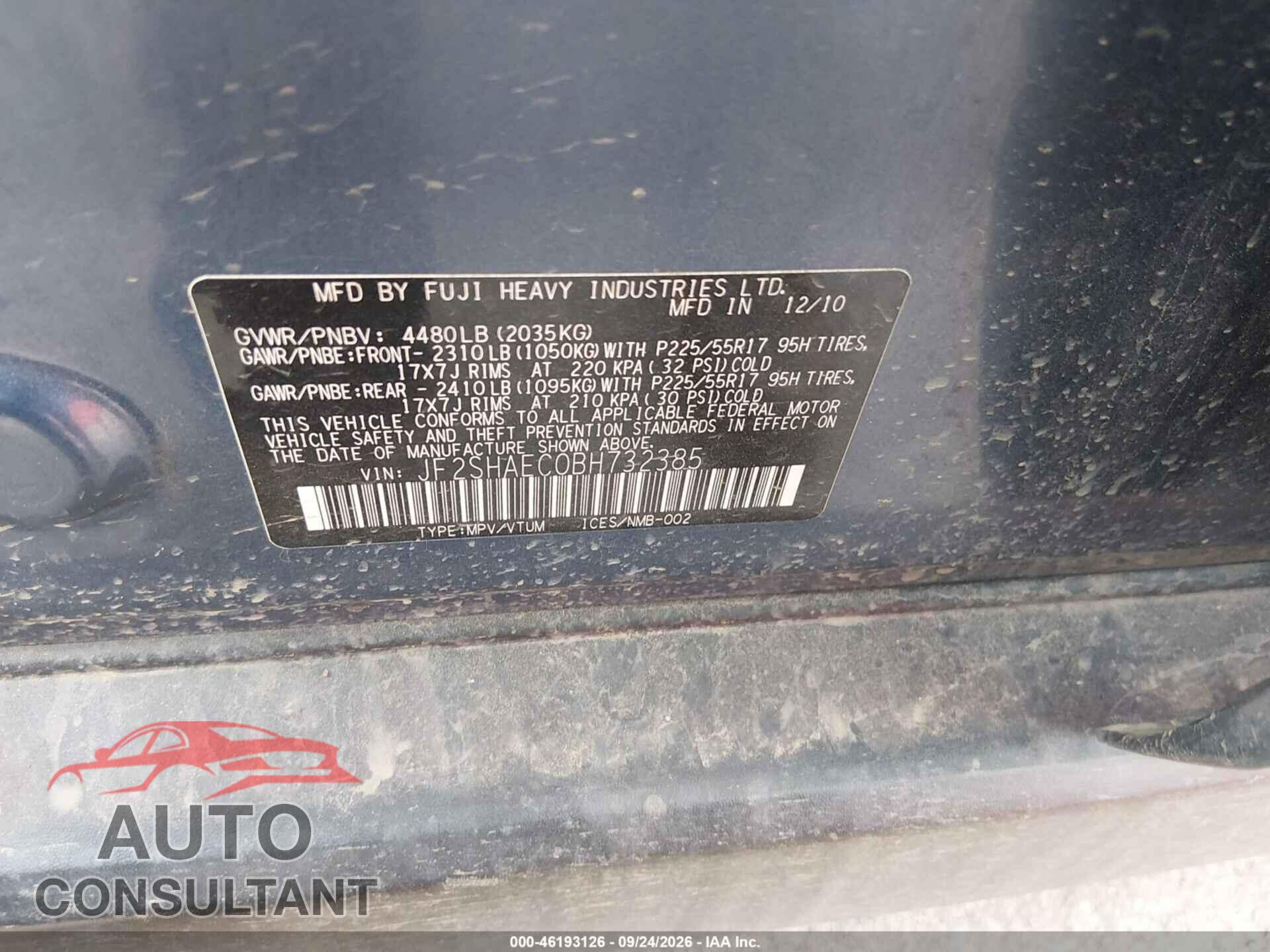 SUBARU FORESTER 2011 - JF2SHAEC0BH732385