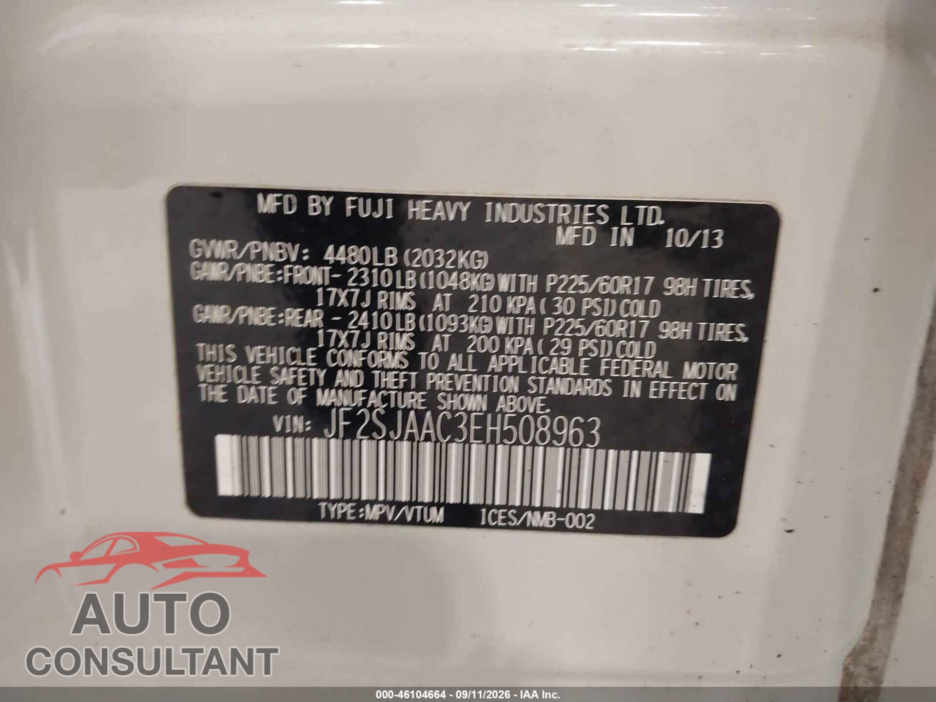SUBARU FORESTER 2014 - JF2SJAAC3EH508963