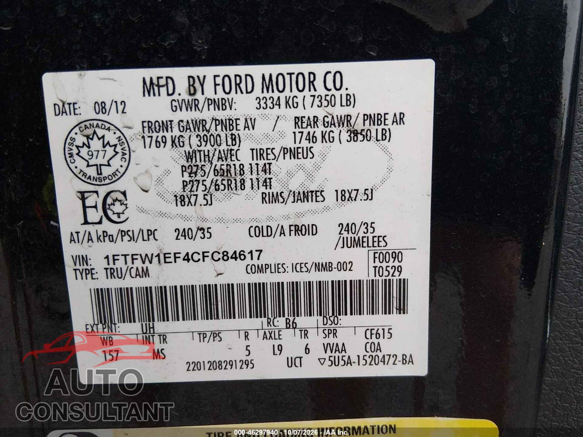 FORD F-150 2012 - 1FTFW1EF4CFC84617