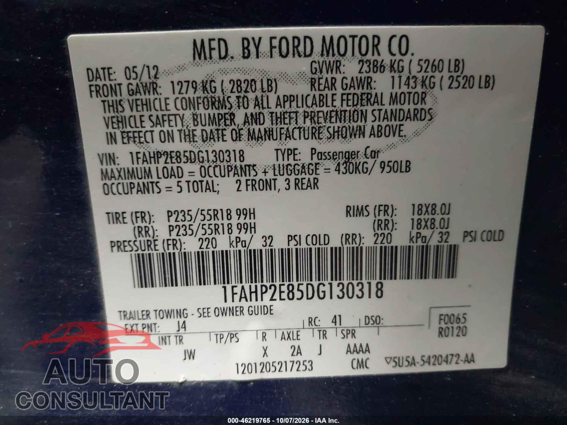 FORD TAURUS 2013 - 1FAHP2E85DG130318